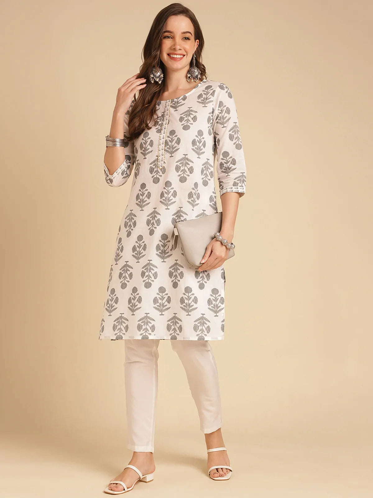 Buy Cotton Printed Straight Knee Length Kurta-Grey