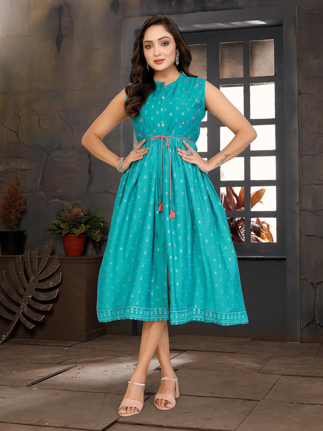 Buy Viscose Blend Embroidered Flared Calf Length Dress with Dori Belt-Green