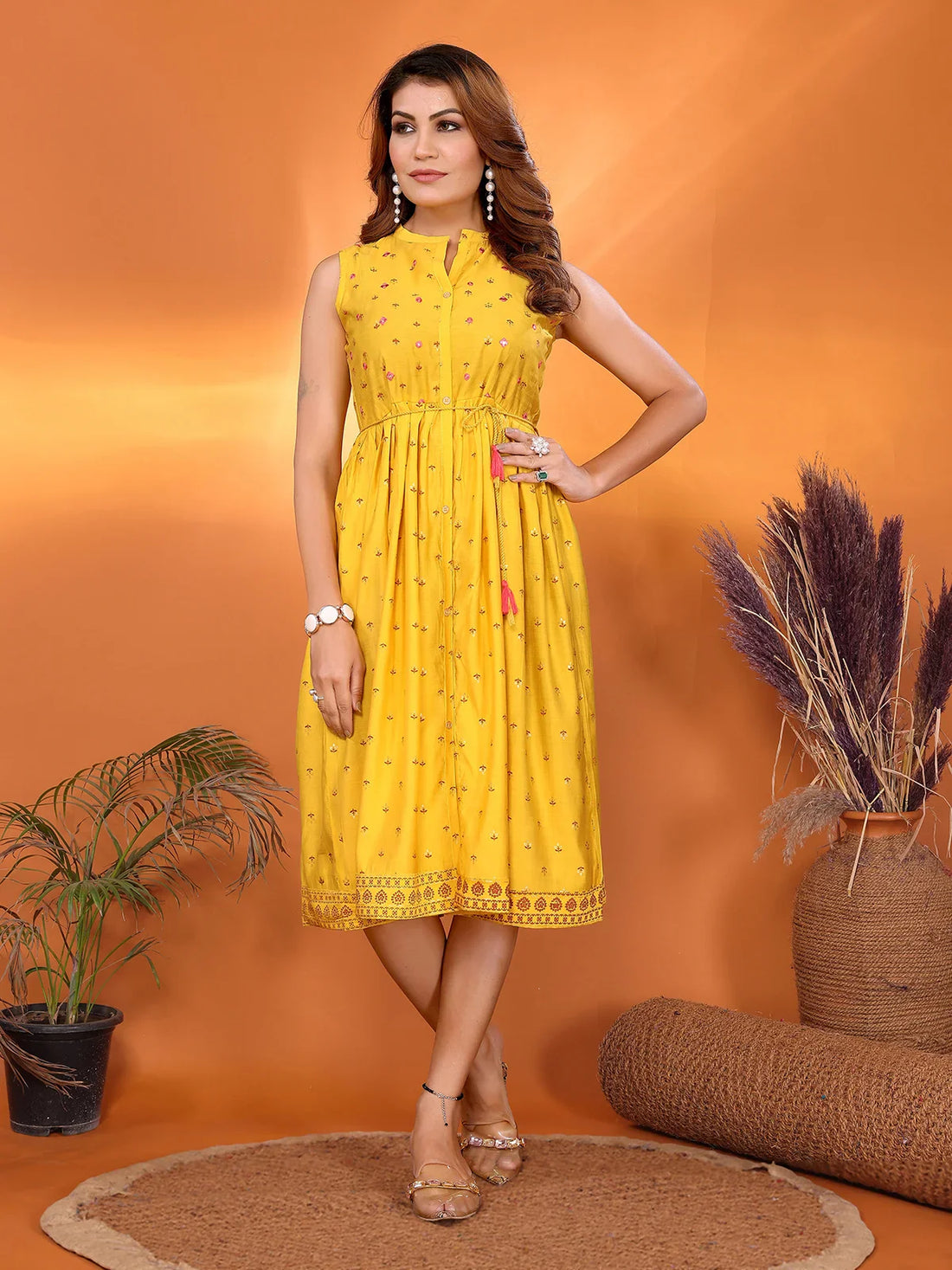Buy Viscose Blend Embroidered Flared Calf Length Dress with Dori Belt-Yellow