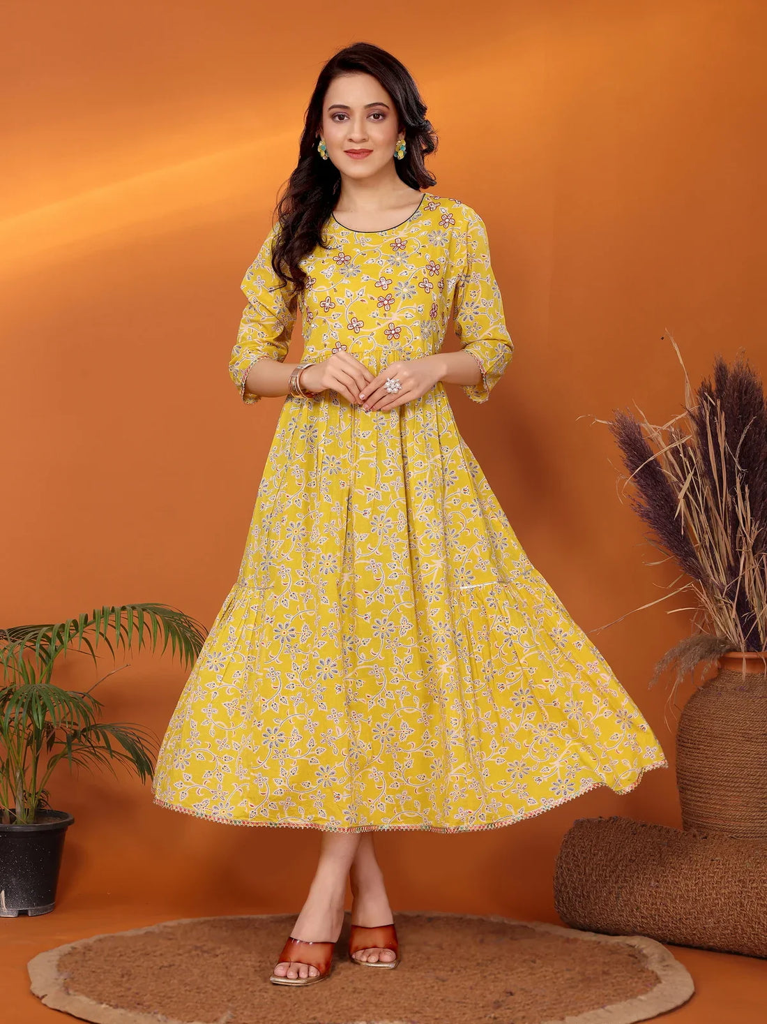 Buy Cotton Embroidered Tiered Flared Calf Length Dress-Yellow