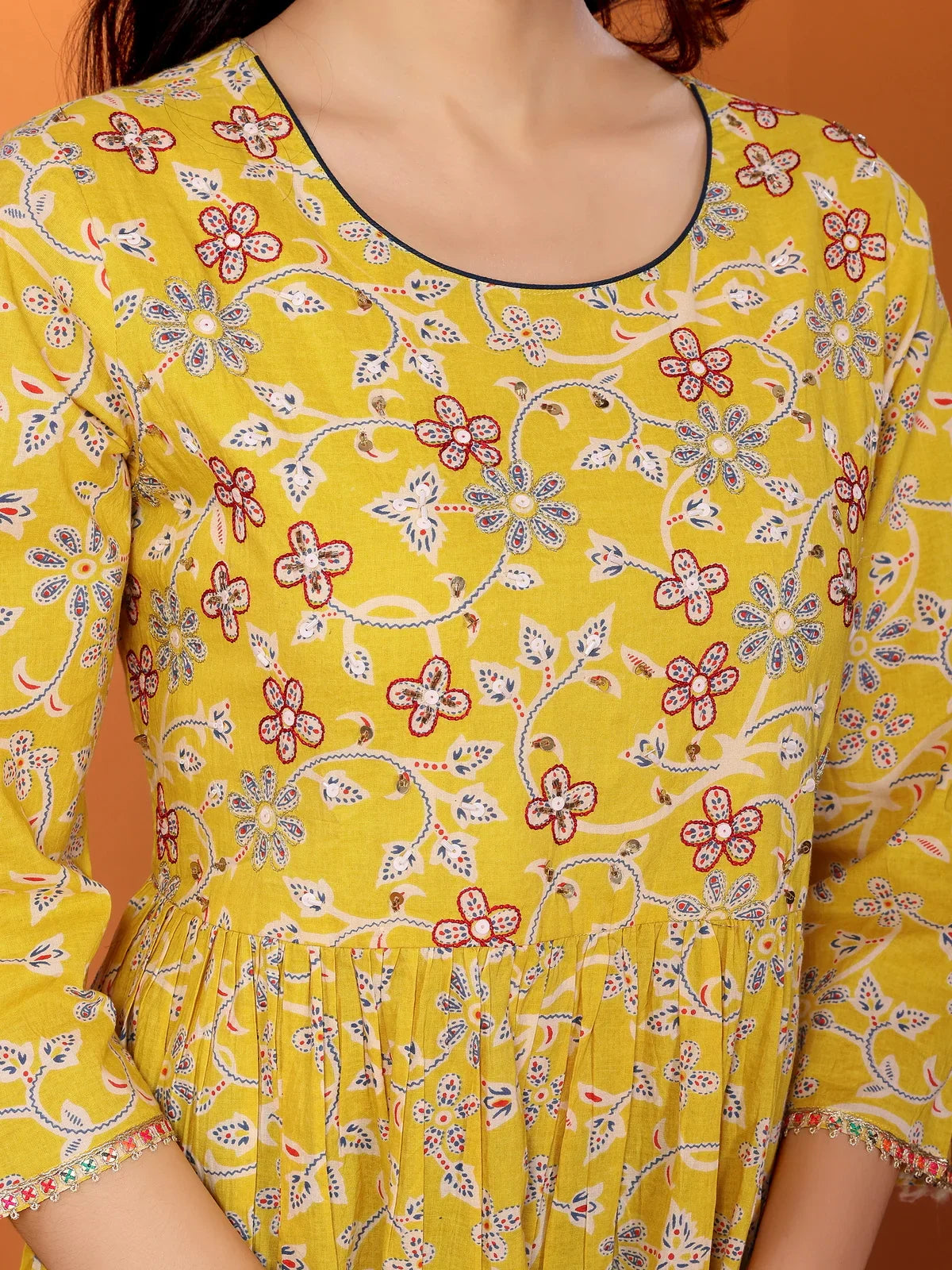 Buy Cotton Embroidered Tiered Flared Calf Length Dress-Yellow