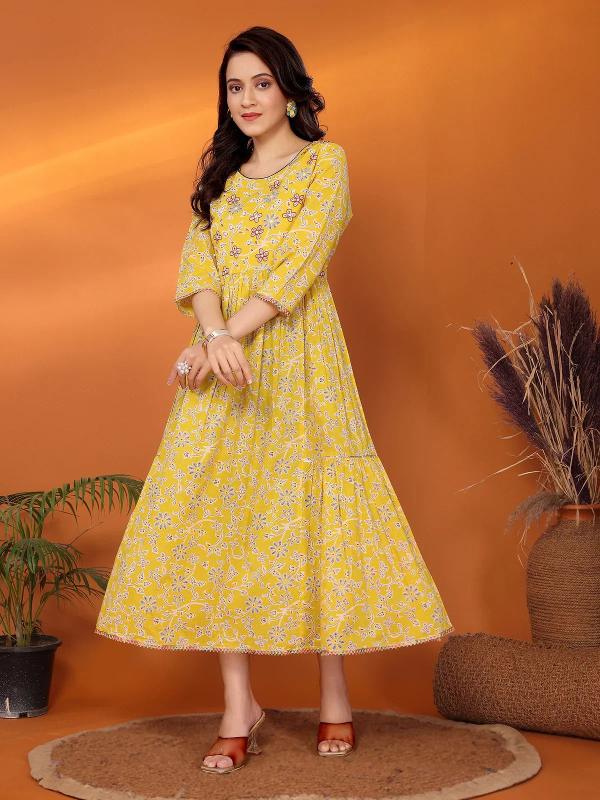 Buy Cotton Embroidered Tiered Flared Calf Length Dress-Yellow