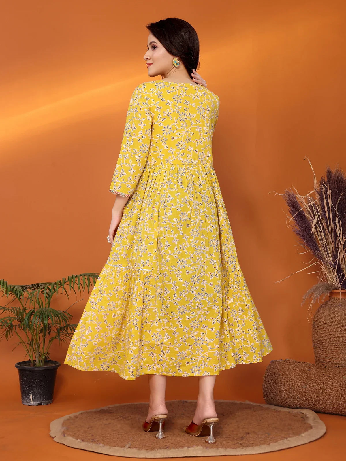 Buy Cotton Embroidered Tiered Flared Calf Length Dress-Yellow