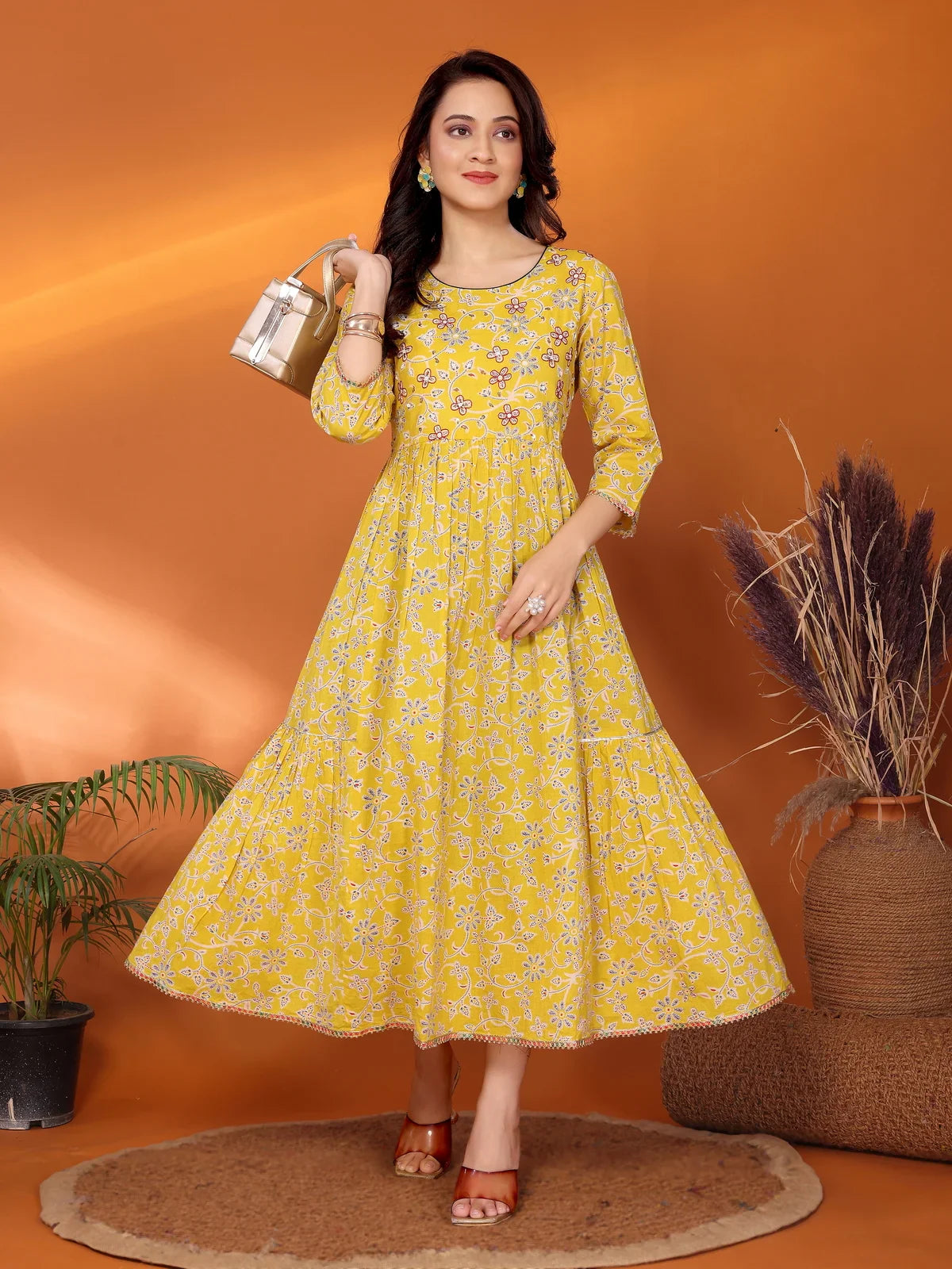 Buy Cotton Embroidered Tiered Flared Calf Length Dress-Yellow