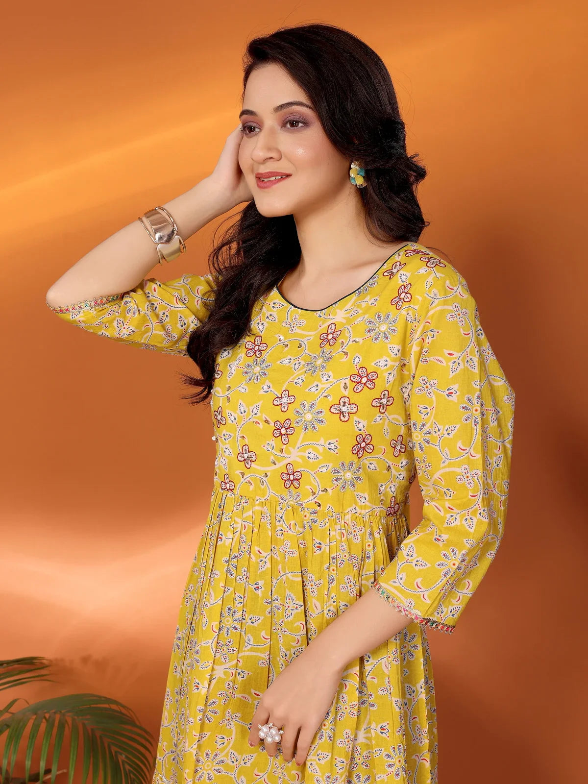 Buy Cotton Embroidered Tiered Flared Calf Length Dress-Yellow