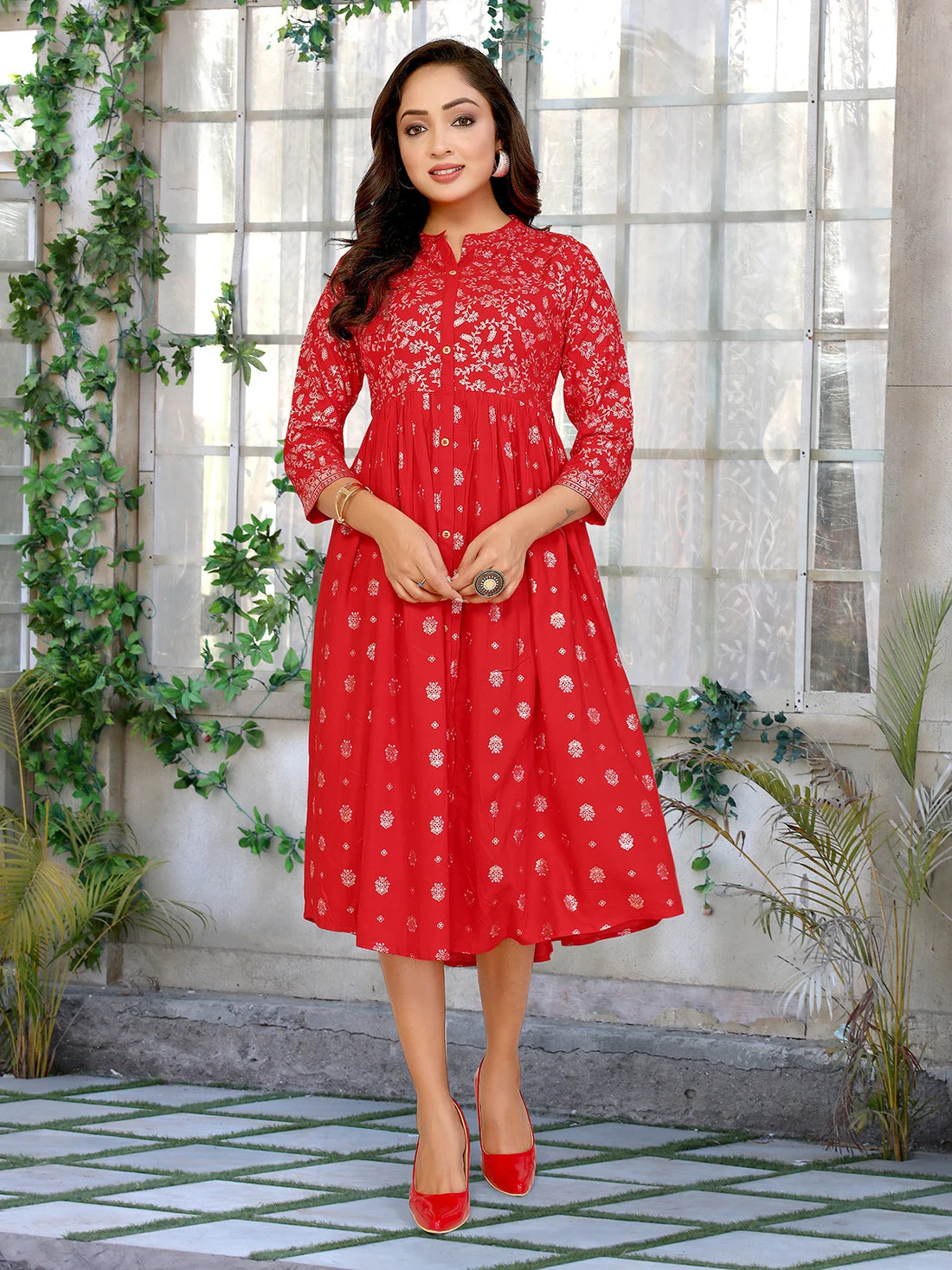 Buy Rayon Printed Flared Calf Length Dress-Red