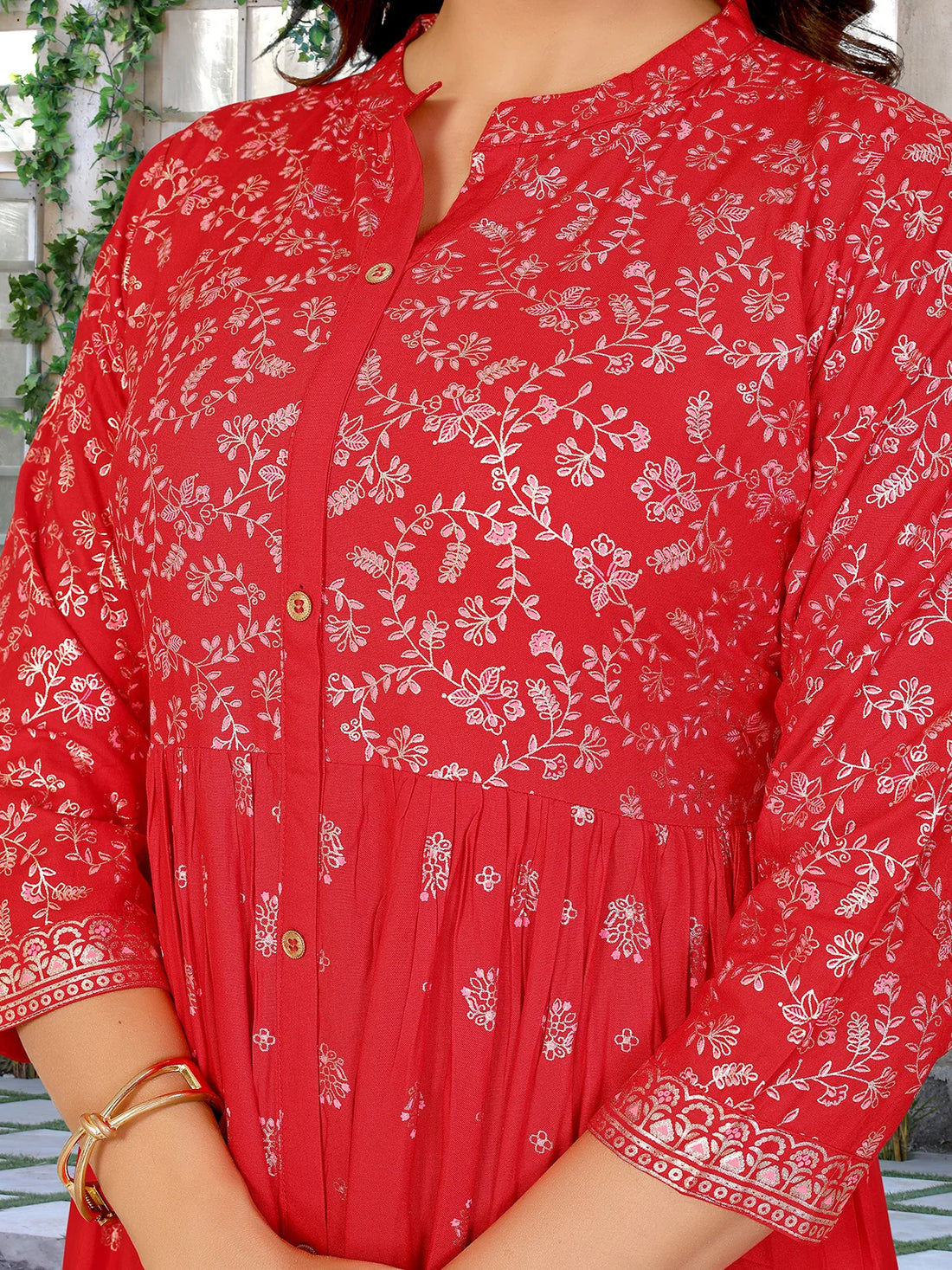 Buy Rayon Printed Flared Calf Length Dress-Red