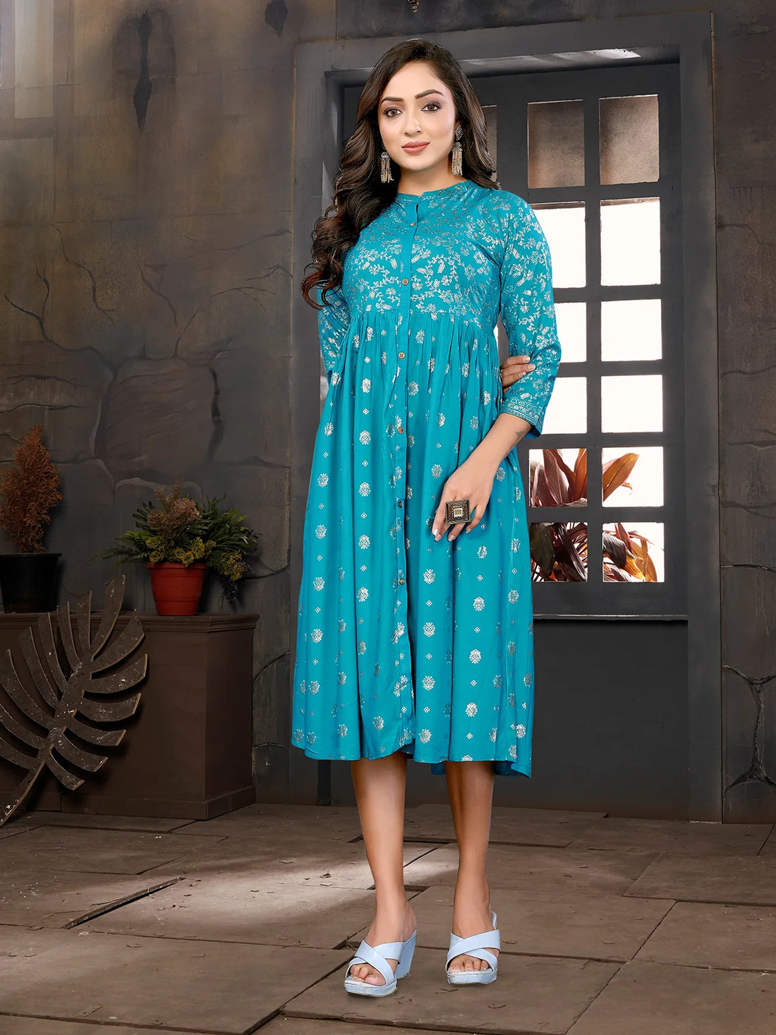 Buy Rayon Printed Flared Calf Length Dress-Turquoise