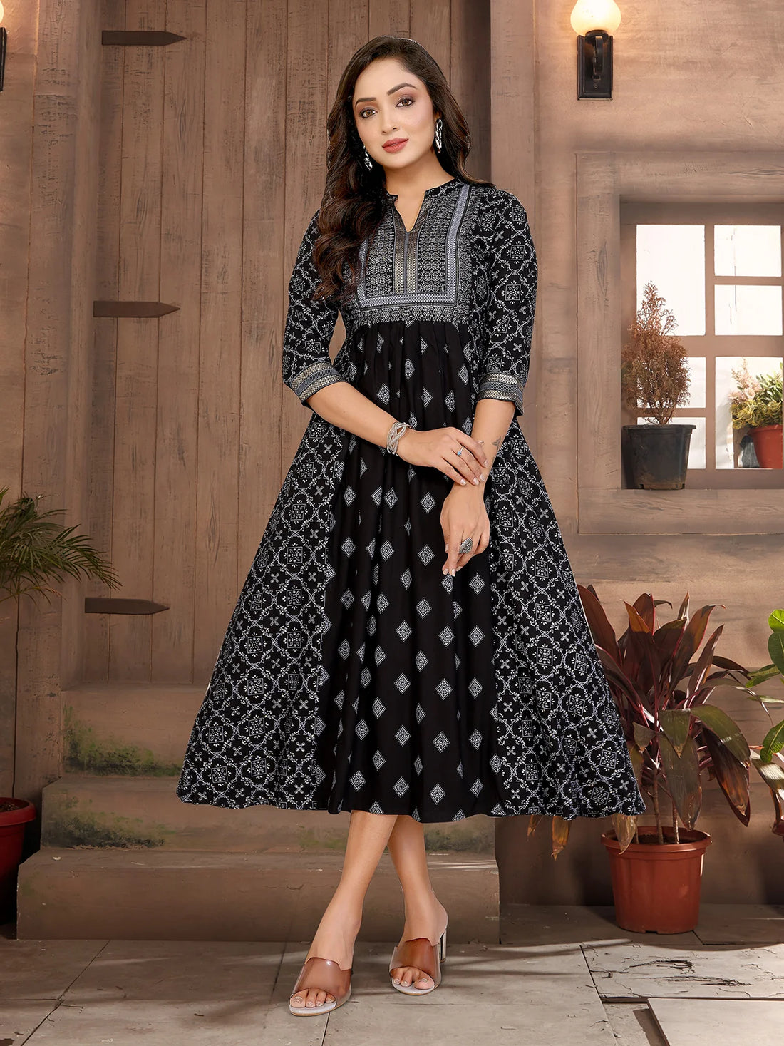 Buy Rayon Printed Flared Calf Length Dress with Dori Belt-Black