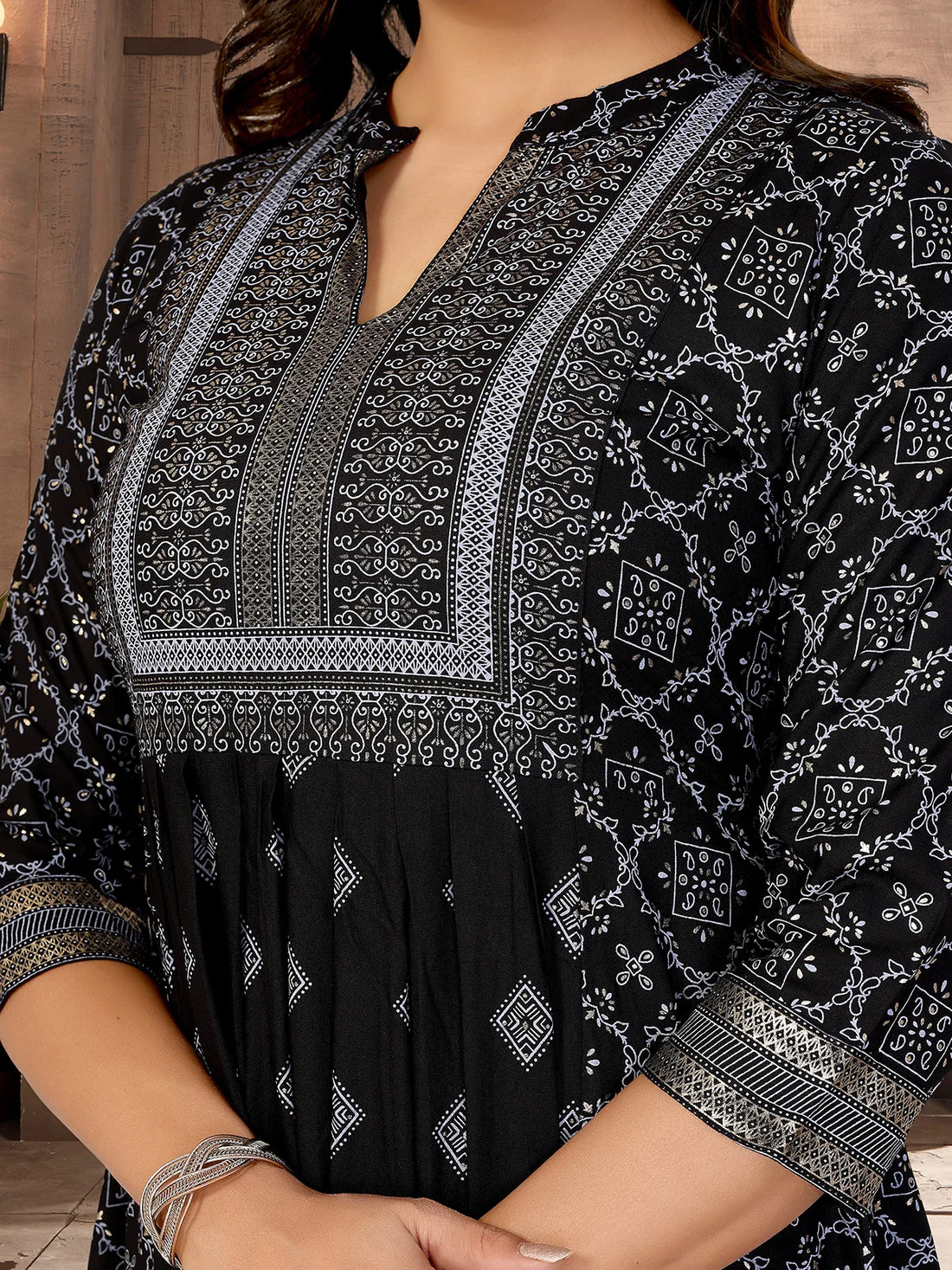 Buy Rayon Printed Flared Calf Length Dress with Dori Belt-Black