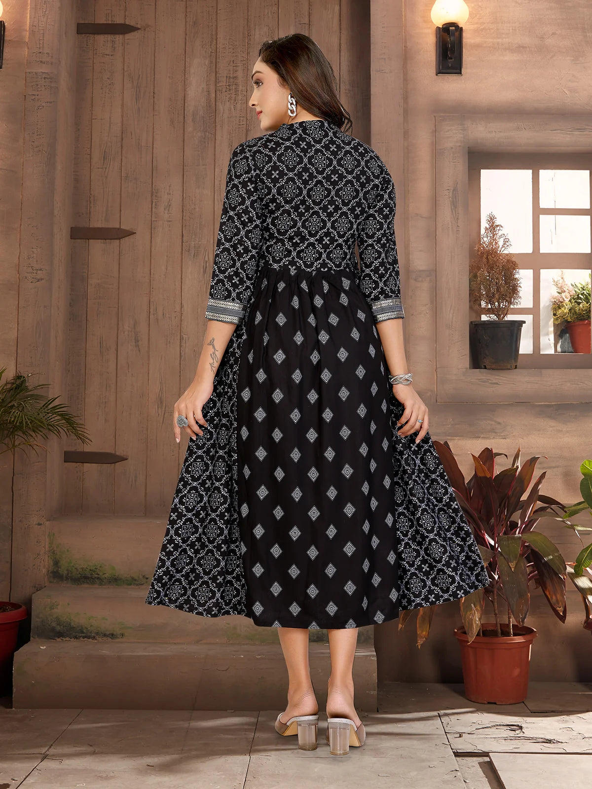 Buy Rayon Printed Flared Calf Length Dress with Dori Belt-Black