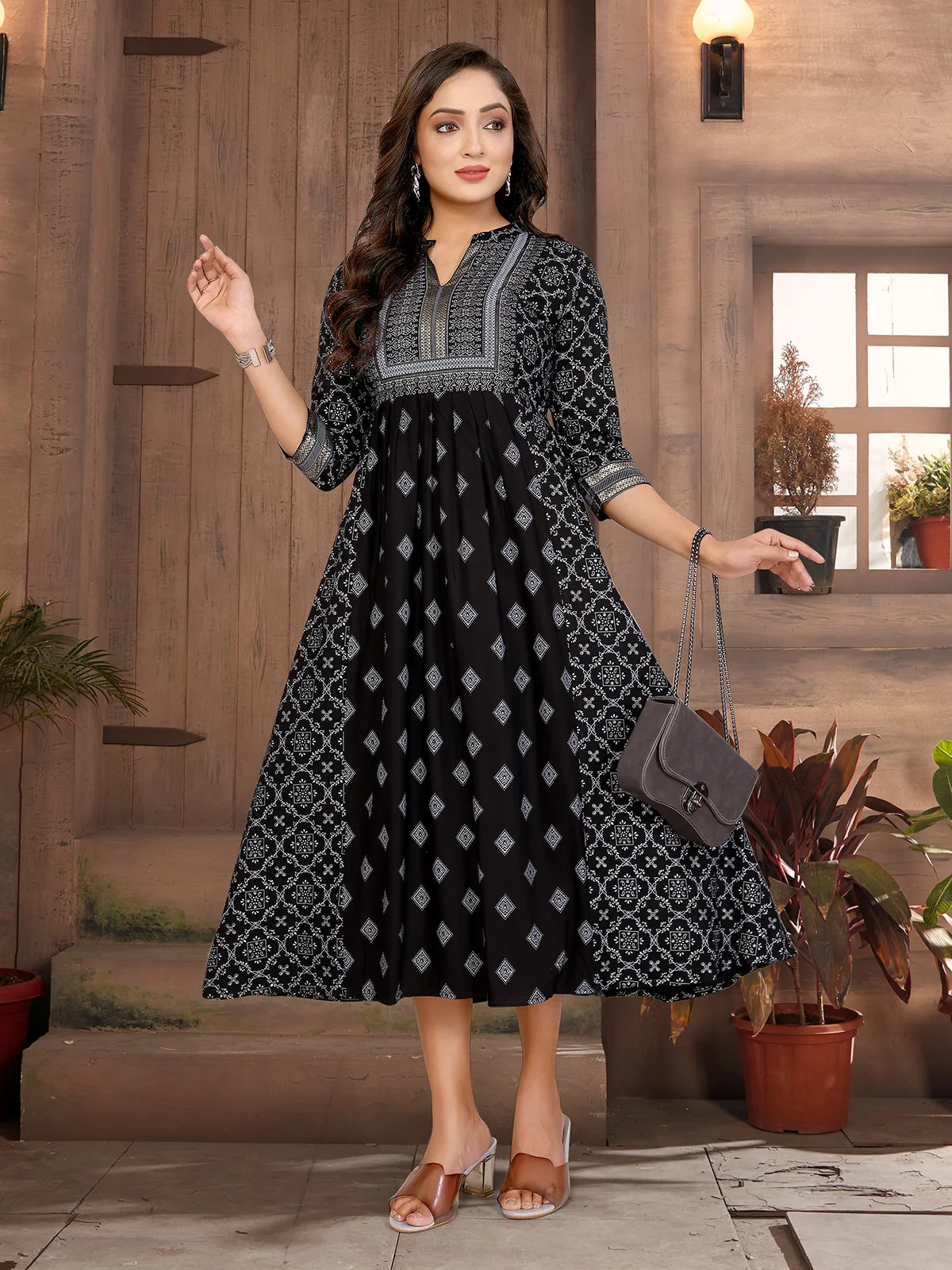 Buy Rayon Printed Flared Calf Length Dress with Dori Belt-Black