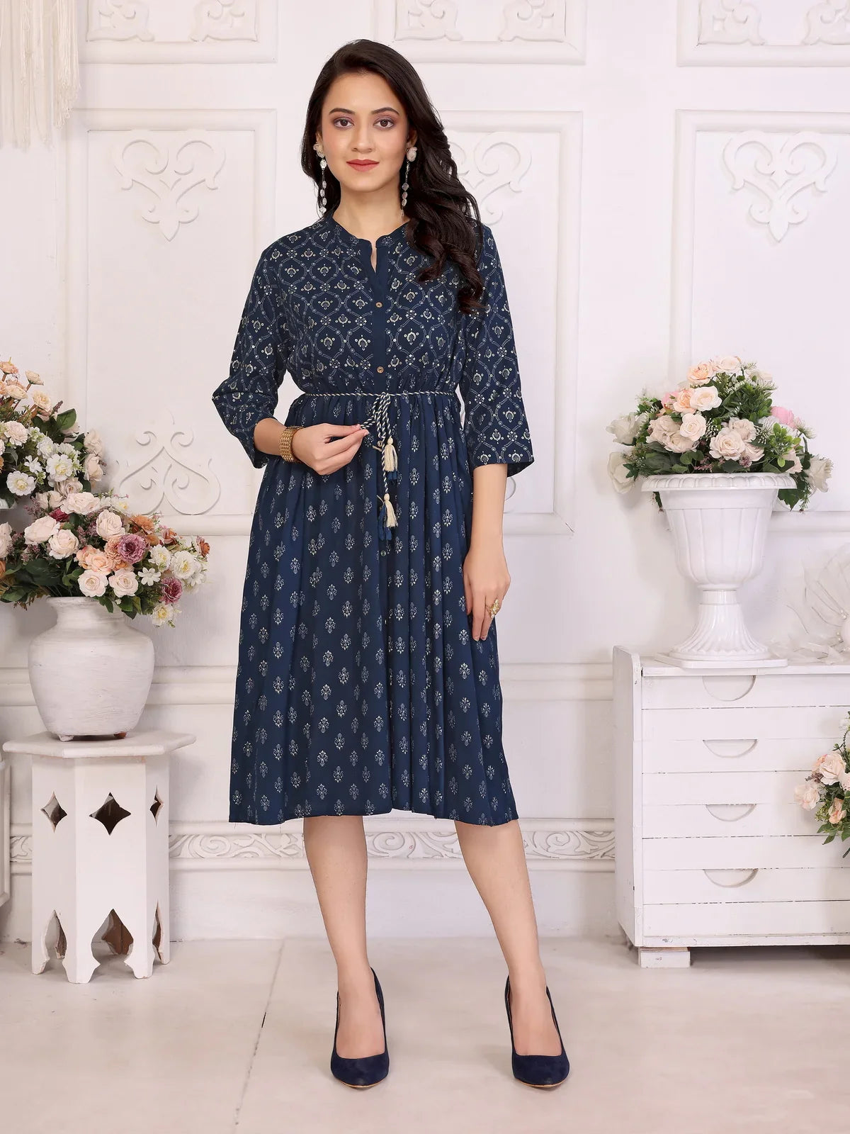 Buy Rayon Printed Flared Knee Length Dress with Dori Belt-Navy Blue