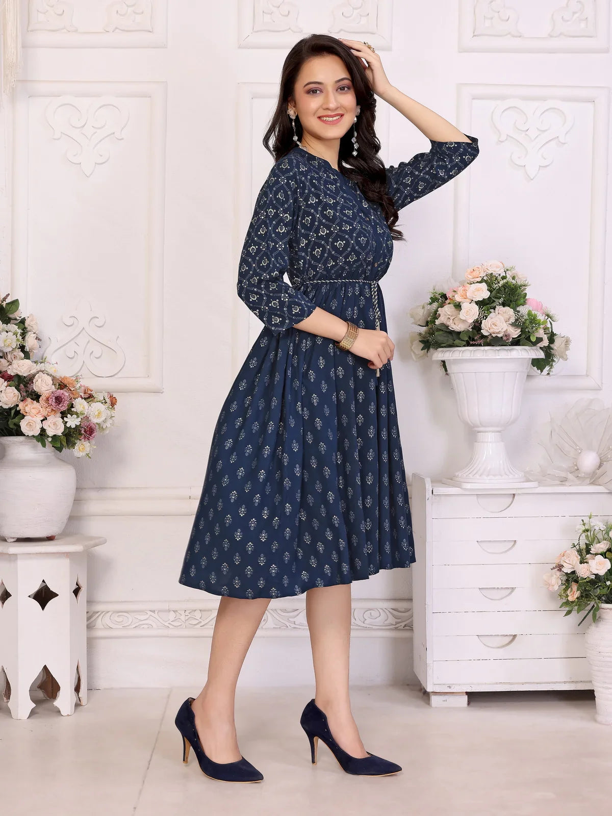 Buy Rayon Printed Flared Knee Length Dress with Dori Belt-Navy Blue