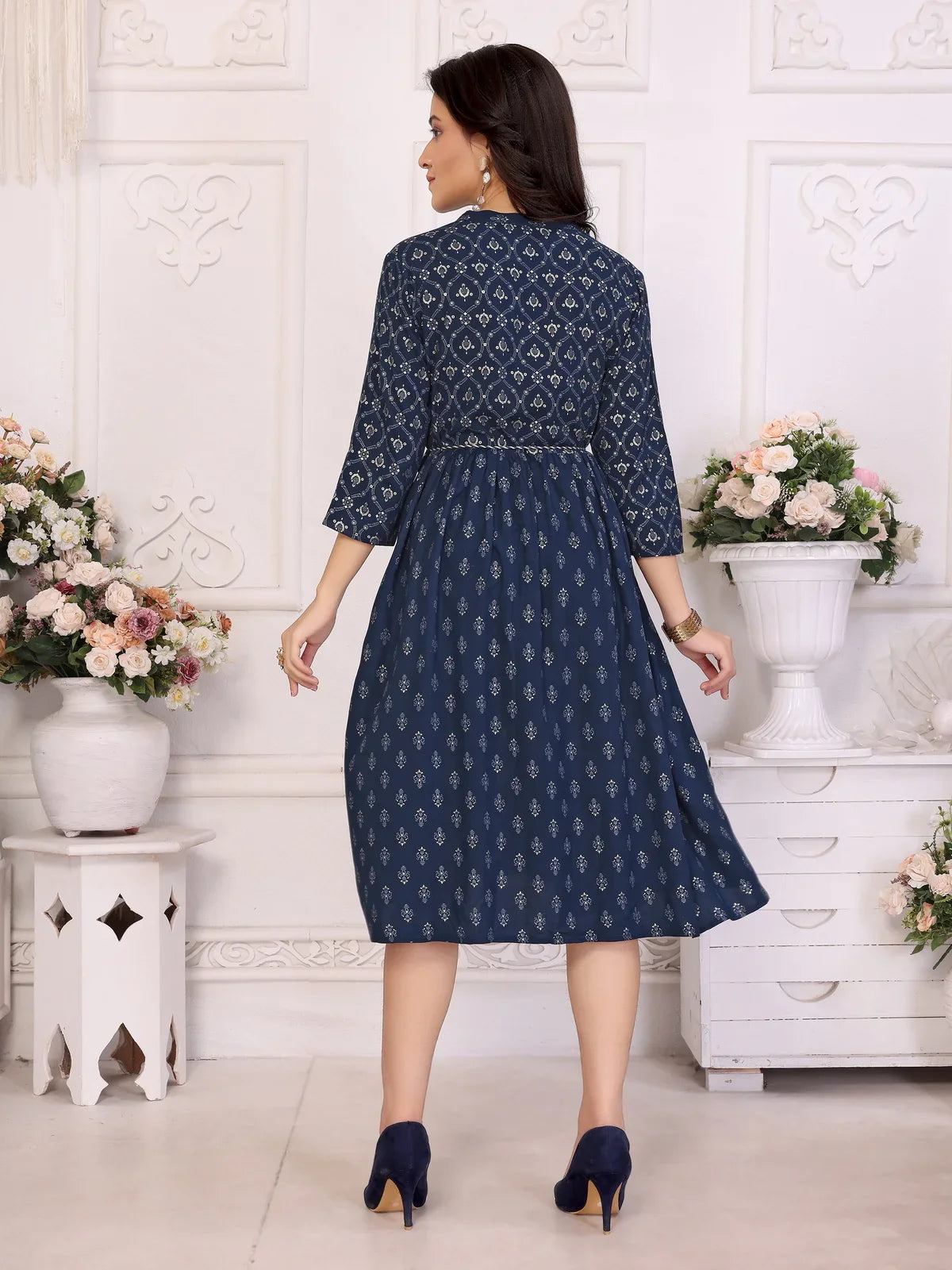 Buy Rayon Printed Flared Knee Length Dress with Dori Belt-Navy Blue