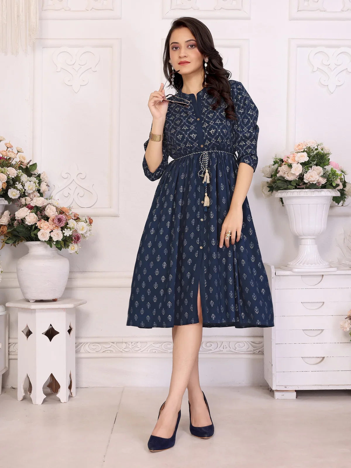 Buy Rayon Printed Flared Knee Length Dress with Dori Belt-Navy Blue