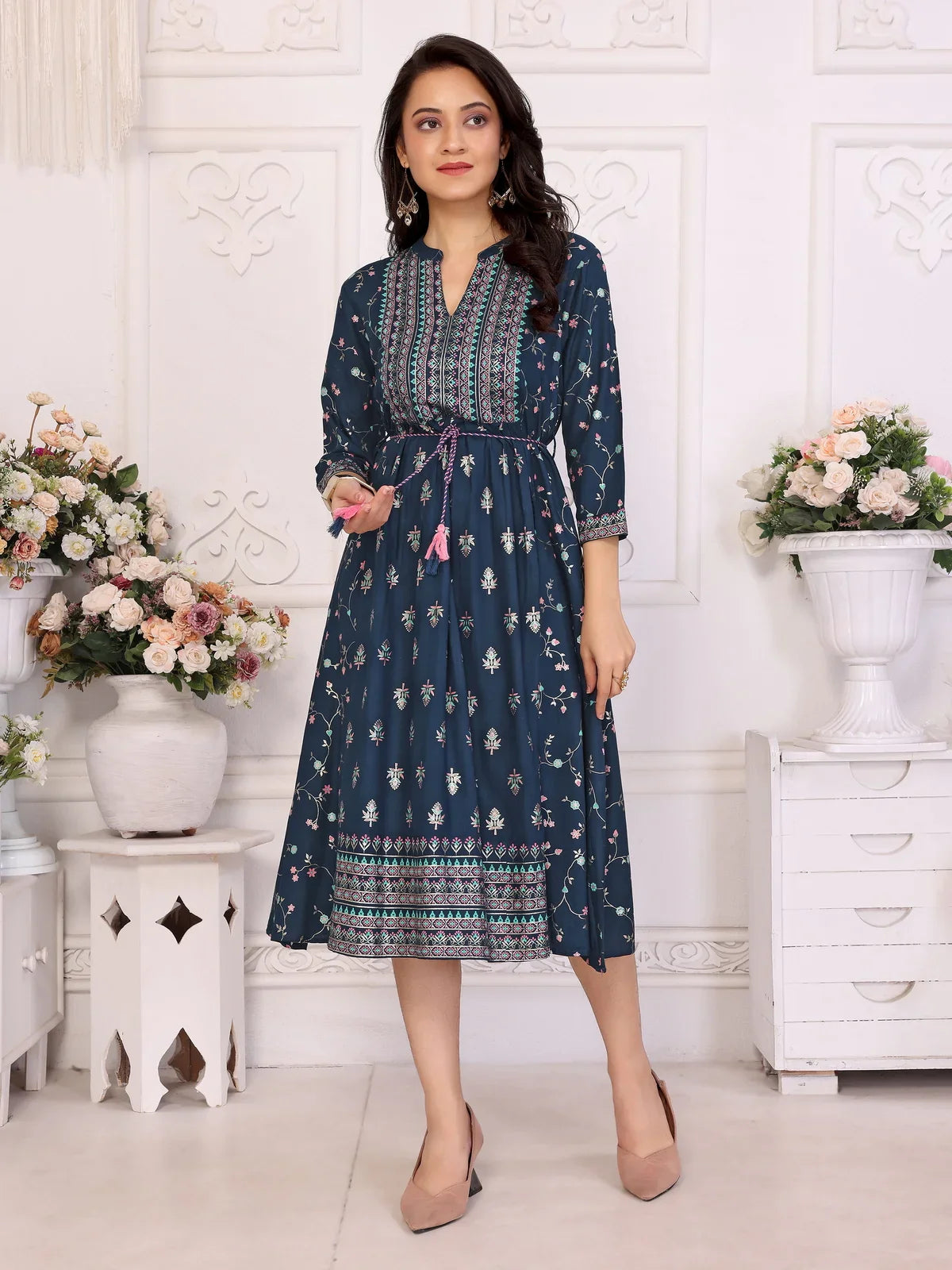 Buy Rayon Printed Flared Calf Length Dress with Dori Belt-Navy Blue