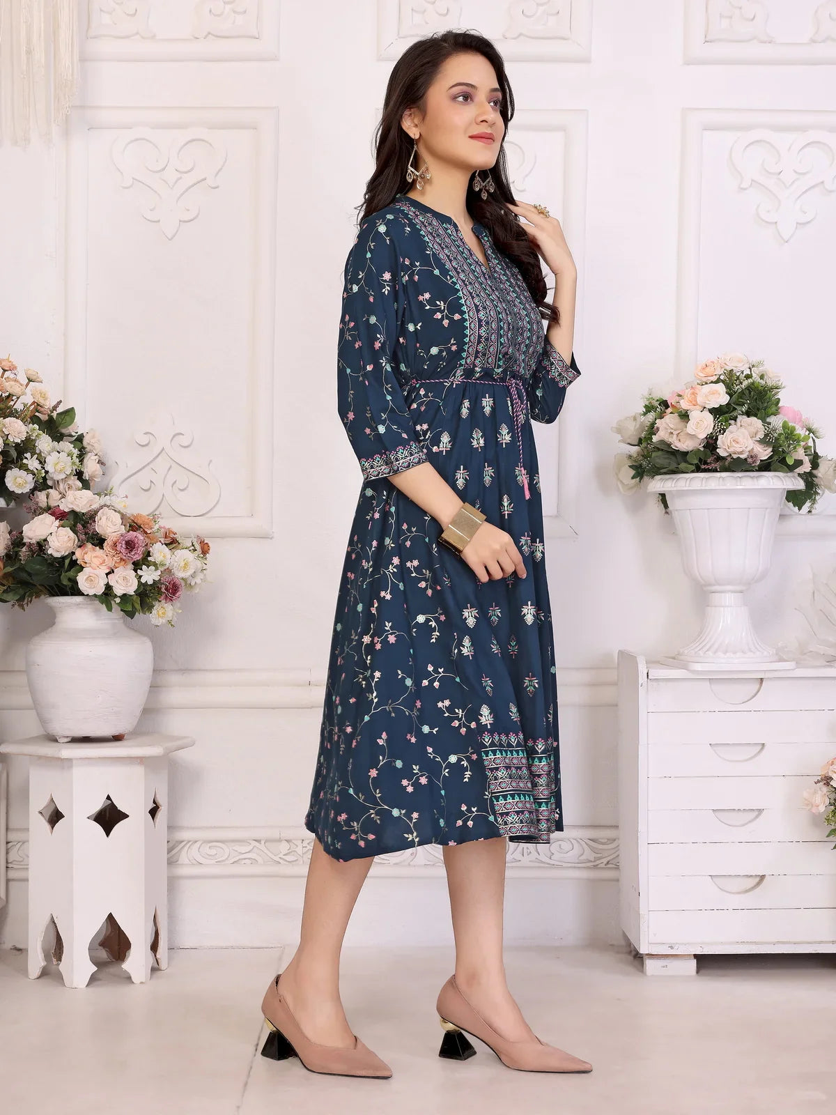 Buy Rayon Printed Flared Calf Length Dress with Dori Belt-Navy Blue