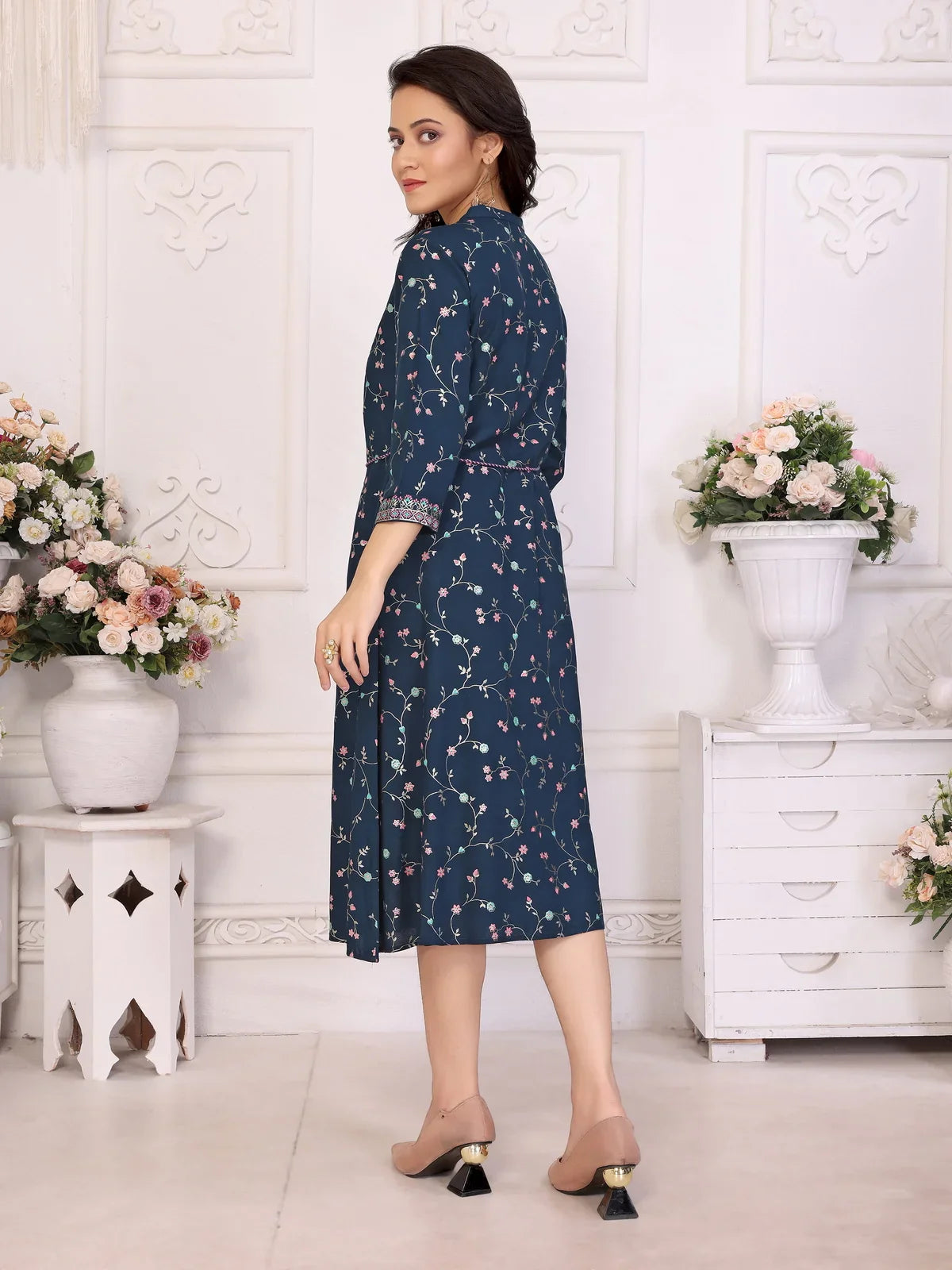 Buy Rayon Printed Flared Calf Length Dress with Dori Belt-Navy Blue