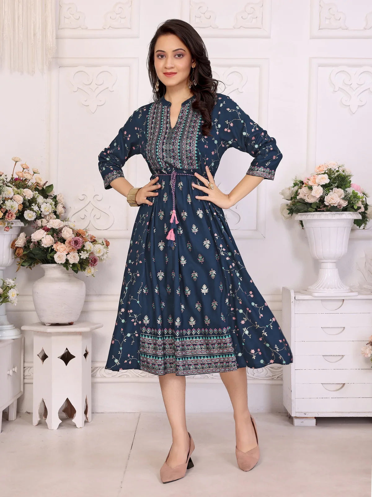 Buy Rayon Printed Flared Calf Length Dress with Dori Belt-Navy Blue