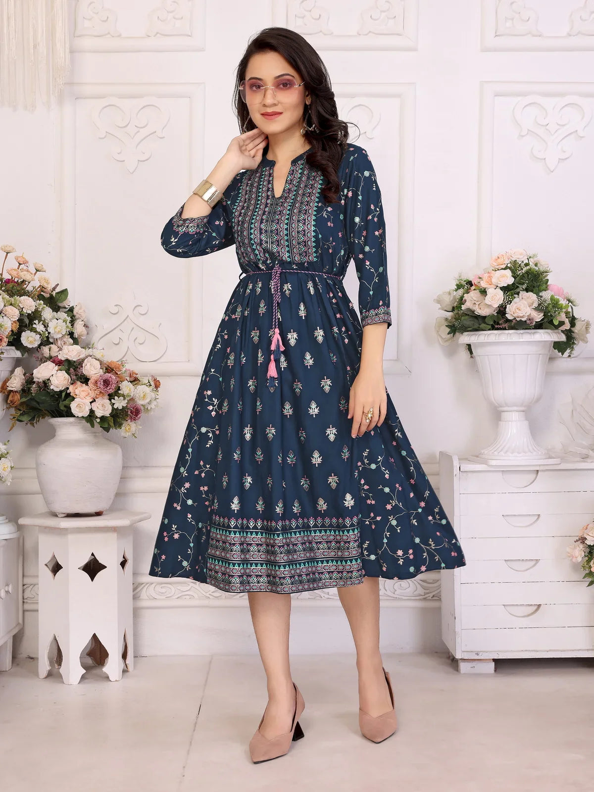 Buy Rayon Printed Flared Calf Length Dress with Dori Belt-Navy Blue