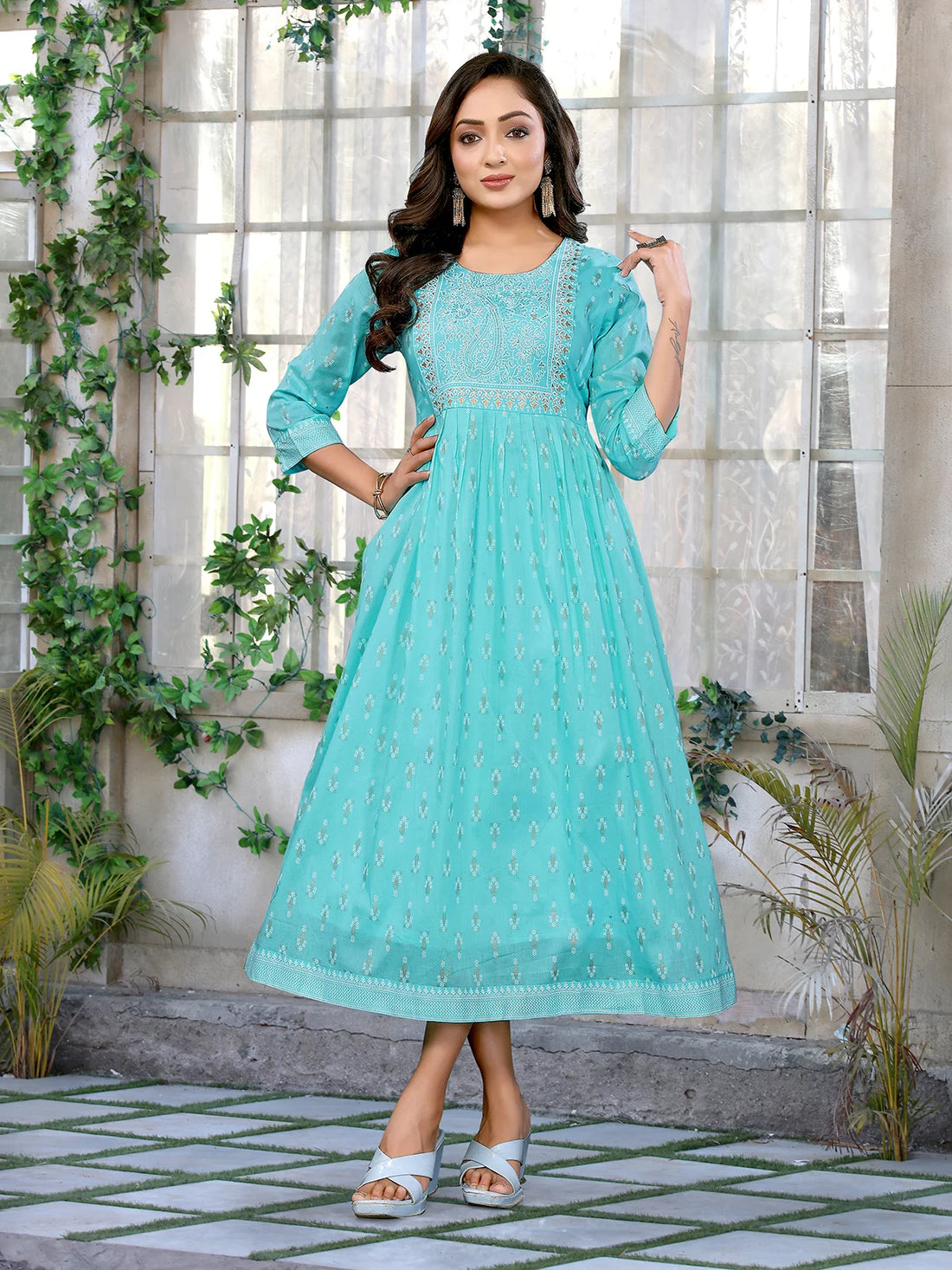 Buy Cotton Embellished Flared Calf Length Dress-Turquoise