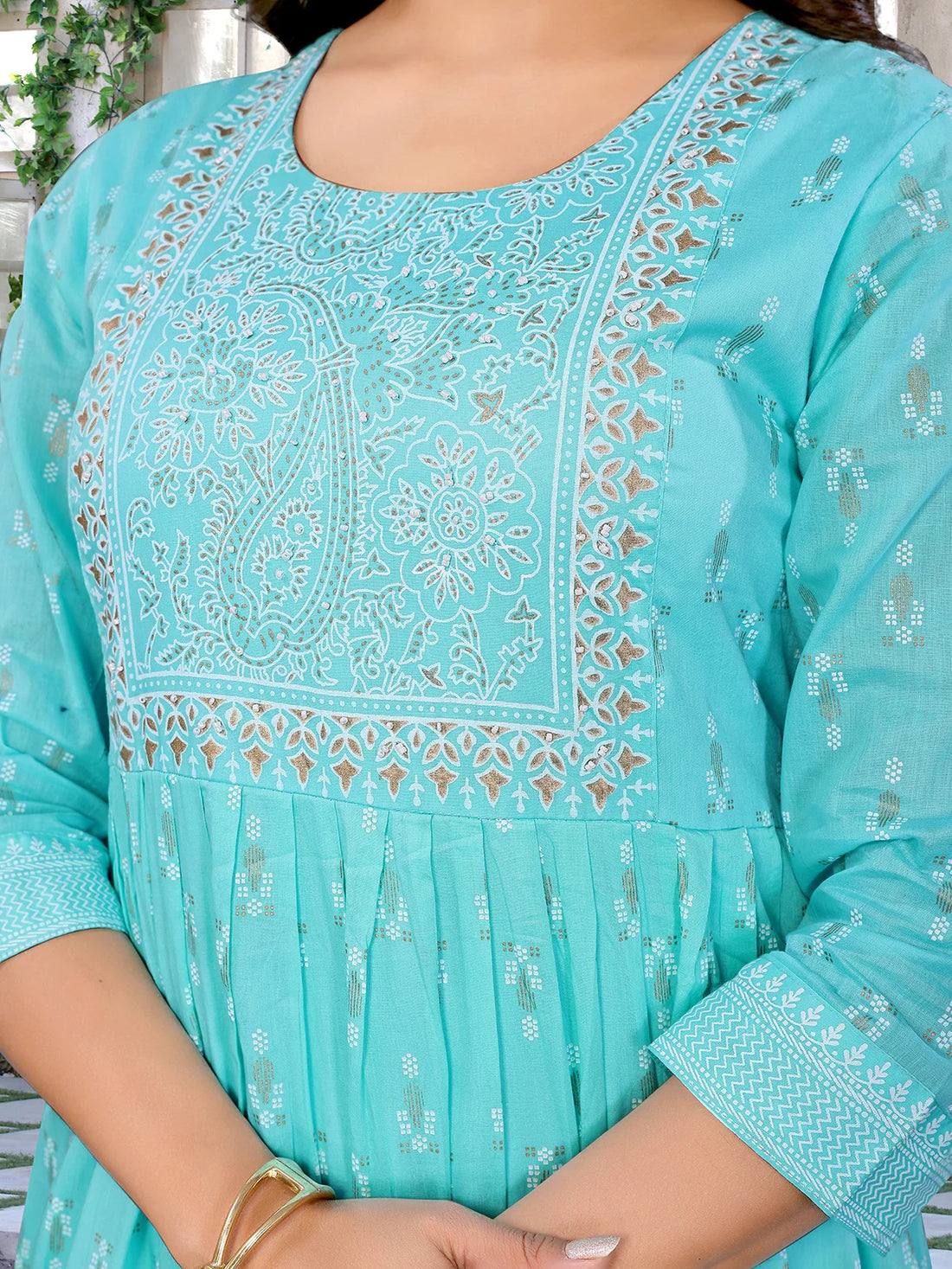 Buy Cotton Embellished Flared Calf Length Dress-Turquoise