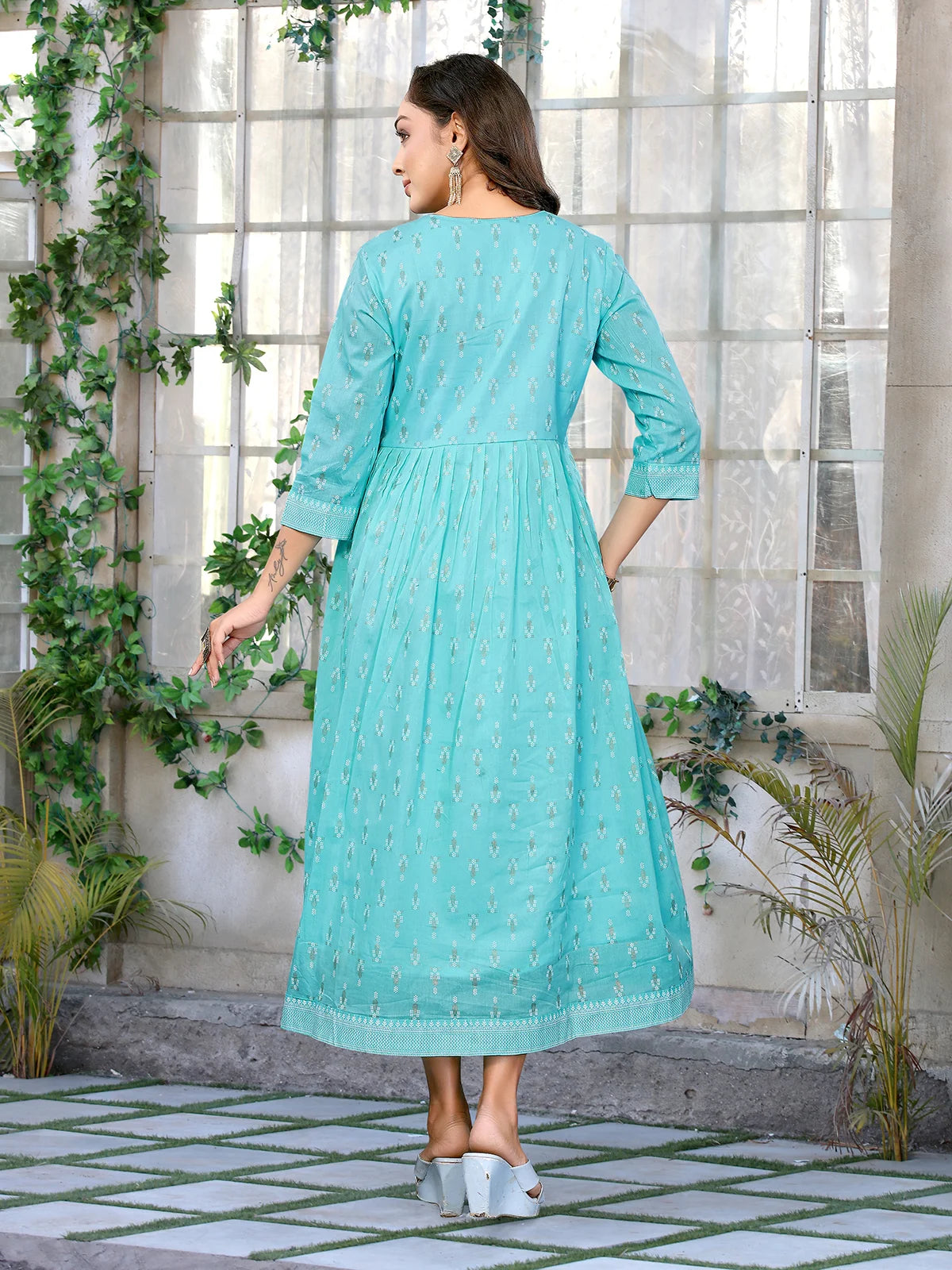 Buy Cotton Embellished Flared Calf Length Dress-Turquoise