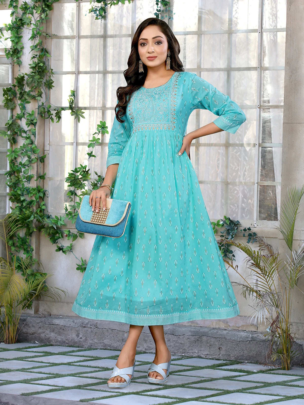 Buy Cotton Embellished Flared Calf Length Dress-Turquoise