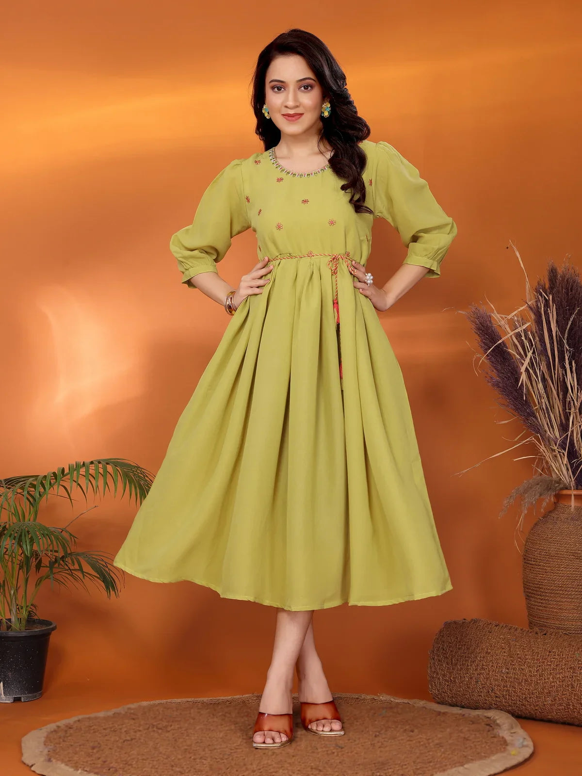 Buy Viscose Blend Embroidered Flared Calf Length Dress With Dori Belt-Lime Green