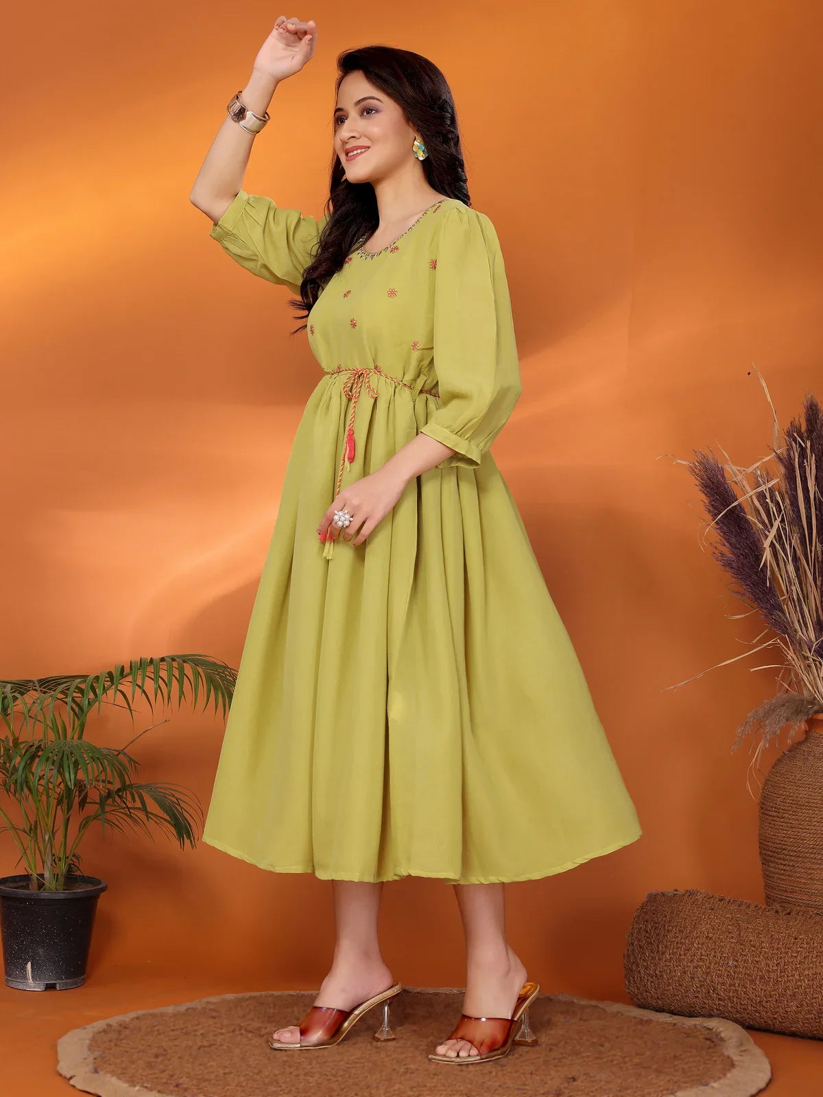 Buy Viscose Blend Embroidered Flared Calf Length Dress With Dori Belt-Lime Green