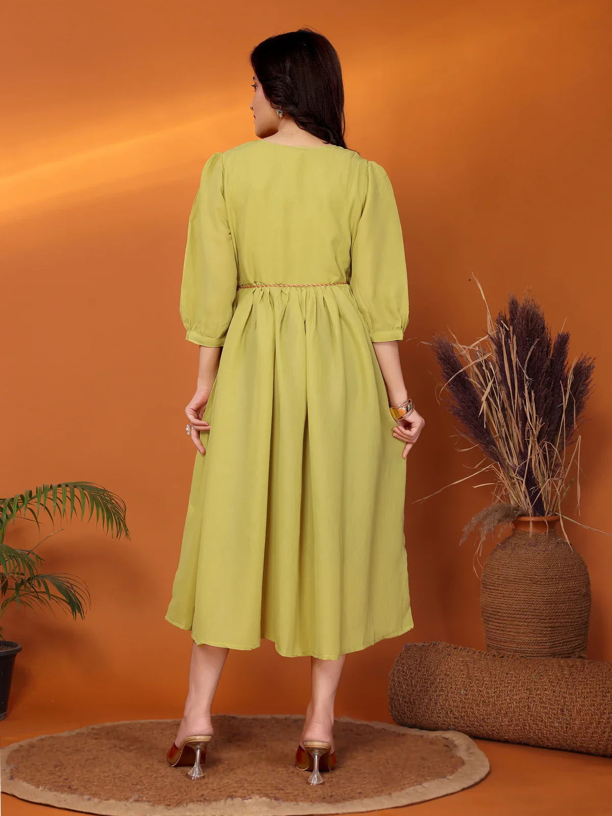 Viscose Blend Embroidered Flared Calf Length Dress With Dori Belt Rangita Viscose Blend Embroidered Flared Calf Length Dress With Dori Belt Rangita