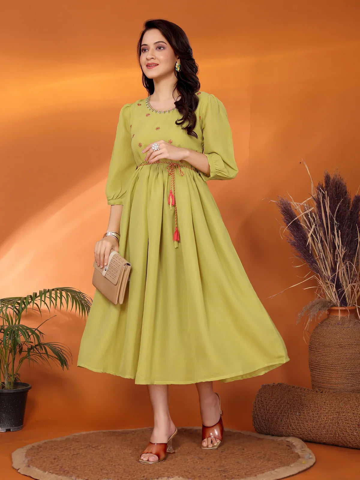 Buy Viscose Blend Embroidered Flared Calf Length Dress With Dori Belt-Lime Green