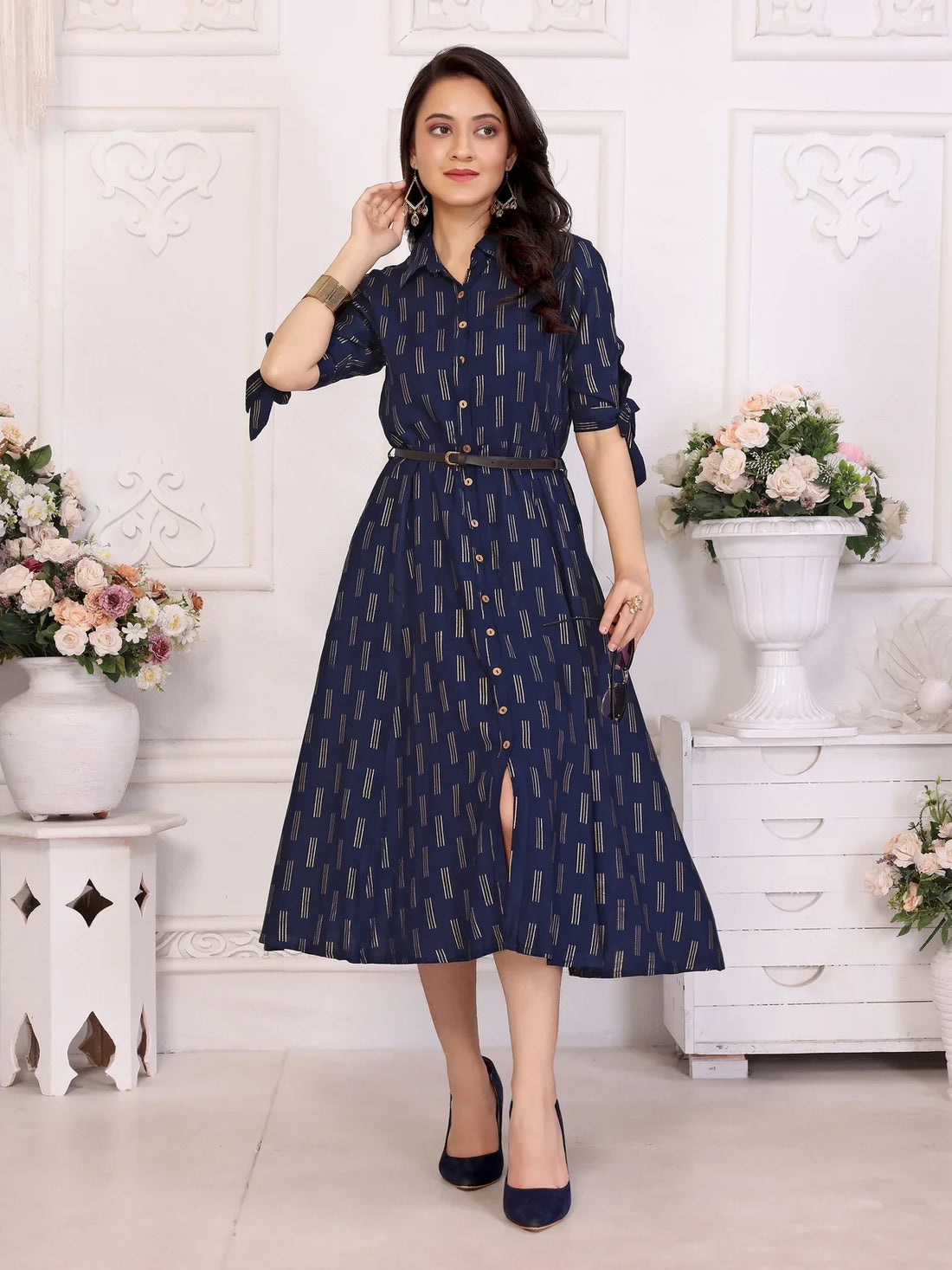 Buy Rayon Printed Shirt Collar Calf Length Dress with Belt-Navy Blue