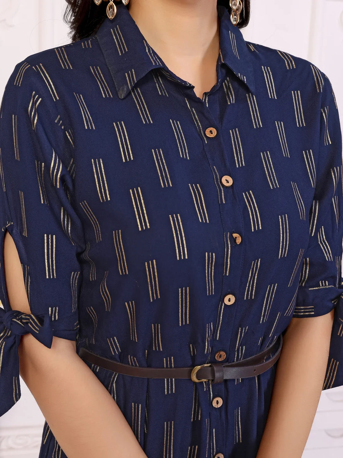 Buy Rayon Printed Shirt Collar Calf Length Dress with Belt-Navy Blue