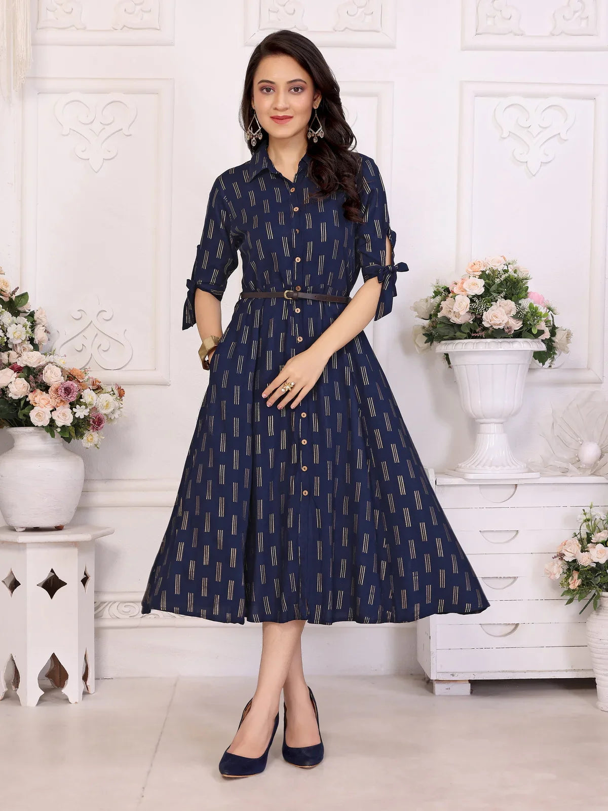 Buy Rayon Printed Shirt Collar Calf Length Dress with Belt-Navy Blue