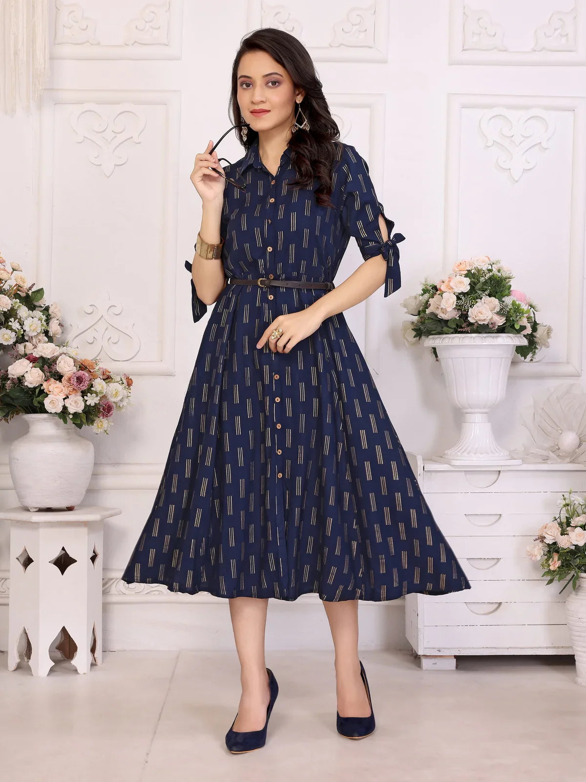 Buy Rayon Printed Shirt Collar Calf Length Dress with Belt-Navy Blue