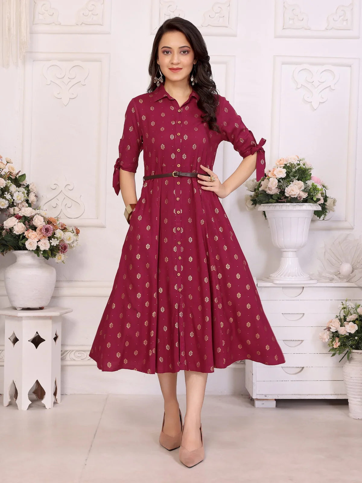 Buy Rayon Printed Shirt Collar Calf Length Dress with Belt-Maroon