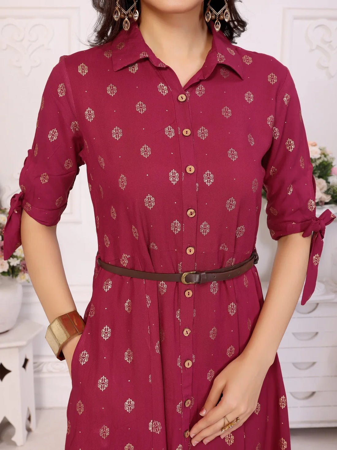 Buy Rayon Printed Shirt Collar Calf Length Dress with Belt-Maroon