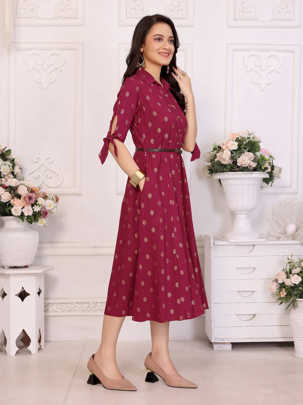 Buy Rayon Printed Shirt Collar Calf Length Dress with Belt-Maroon