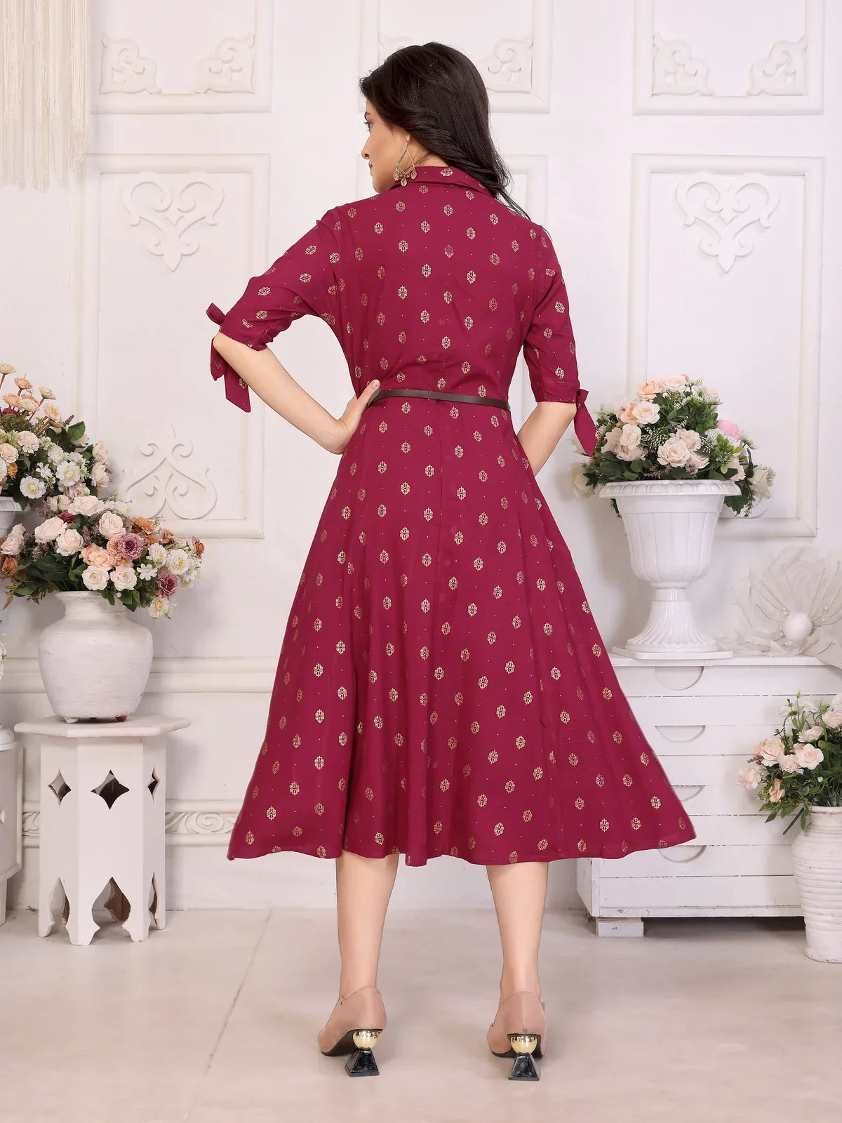 Buy Rayon Printed Shirt Collar Calf Length Dress with Belt-Maroon