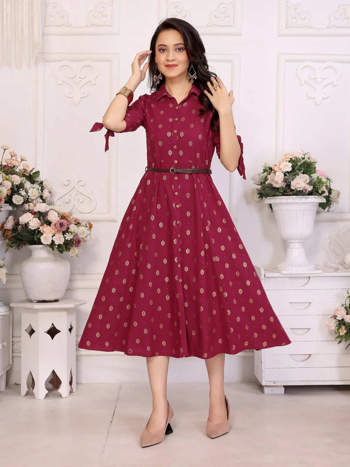 Buy Rayon Printed Shirt Collar Calf Length Dress with Belt-Maroon