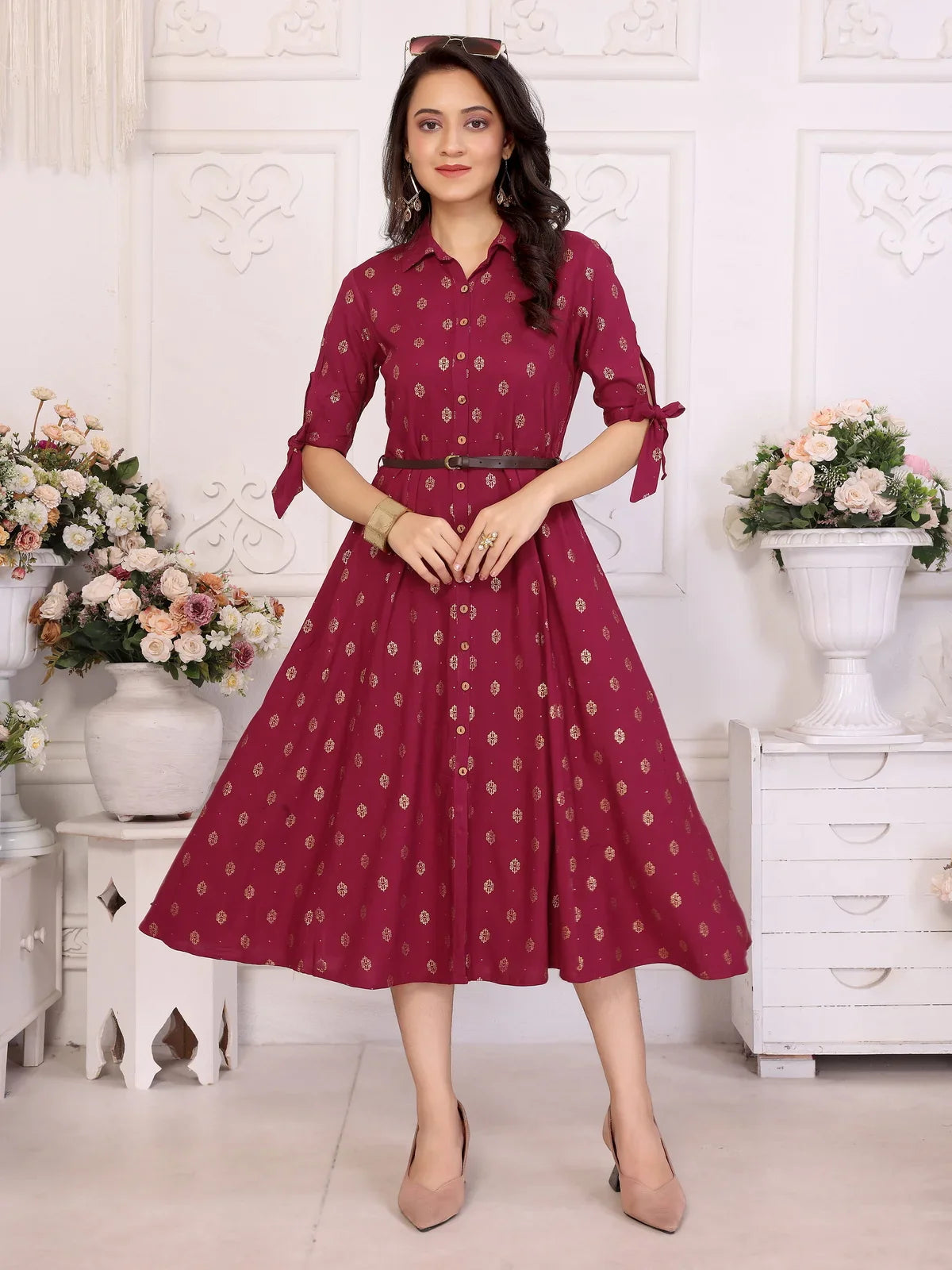 Buy Rayon Printed Shirt Collar Calf Length Dress with Belt-Maroon