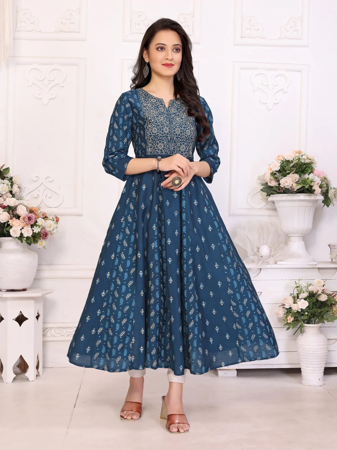 Buy Viscose Blend Embroidered Calf Length Anarkali Kurta-Blue