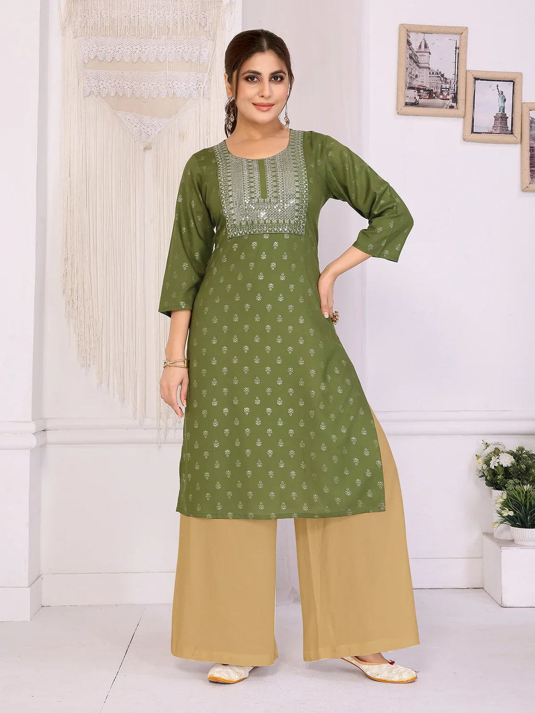 Buy Rayon Embroidered Straight Calf Length Kurta-Green