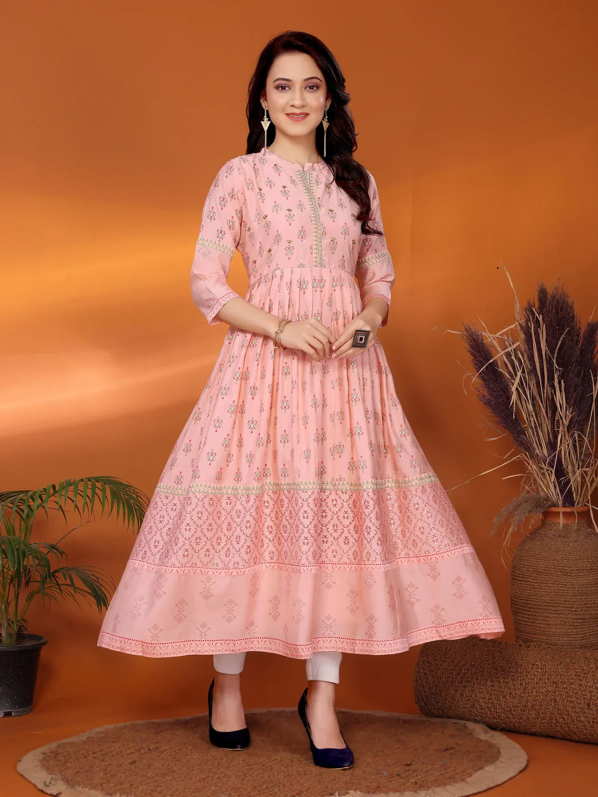 Buy Viscose Blend Embellished Calf Length Anarkali Kurta-Peach