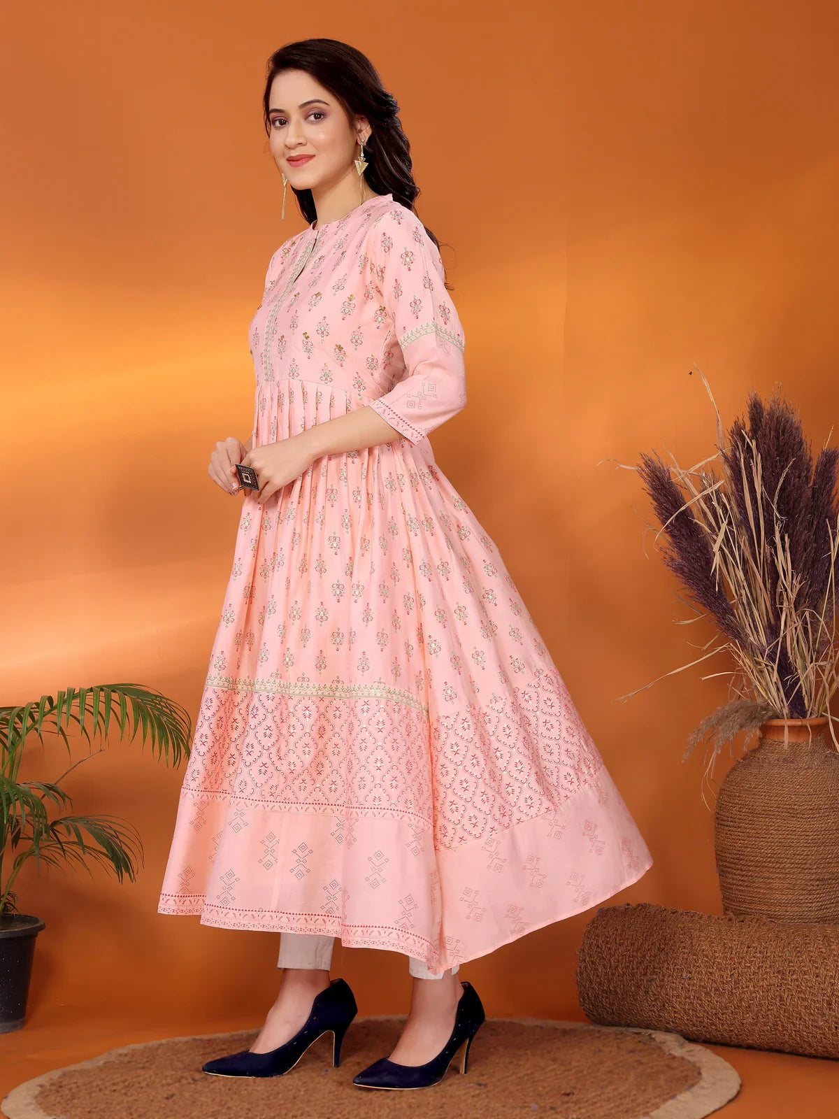 Buy Viscose Blend Embellished Calf Length Anarkali Kurta-Peach