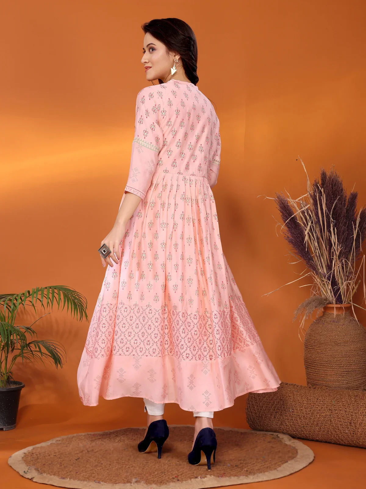 Buy Viscose Blend Embellished Calf Length Anarkali Kurta-Peach