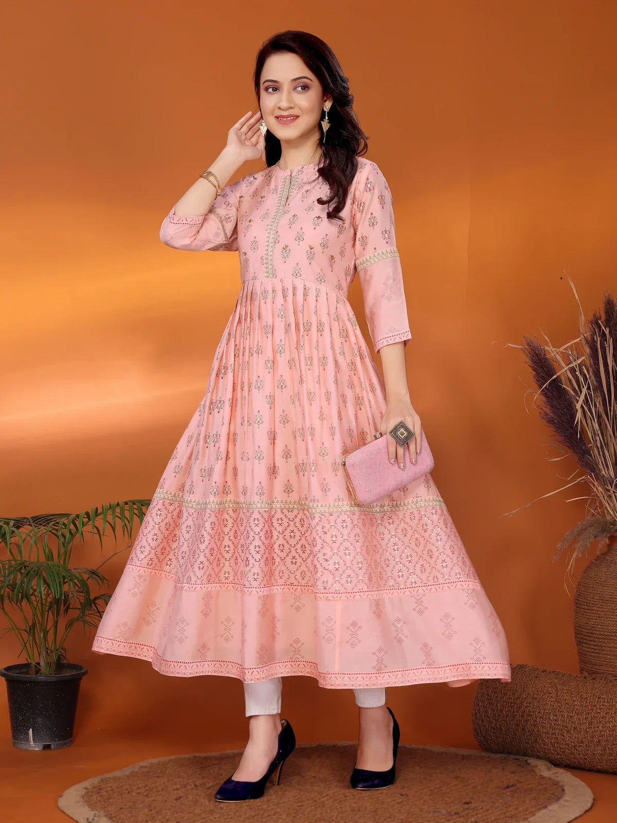 Buy Viscose Blend Embellished Calf Length Anarkali Kurta-Peach