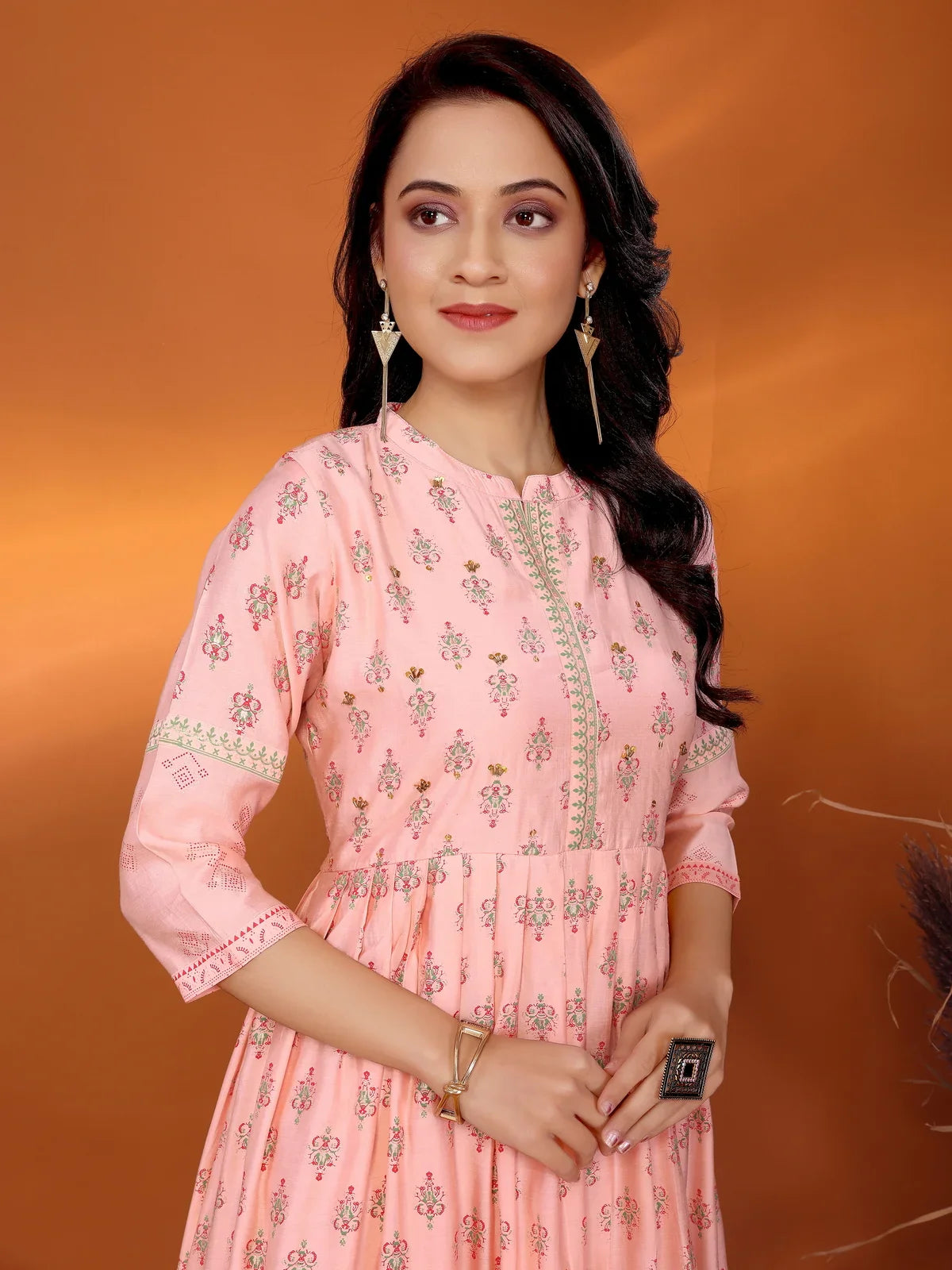 Buy Viscose Blend Embellished Calf Length Anarkali Kurta-Peach